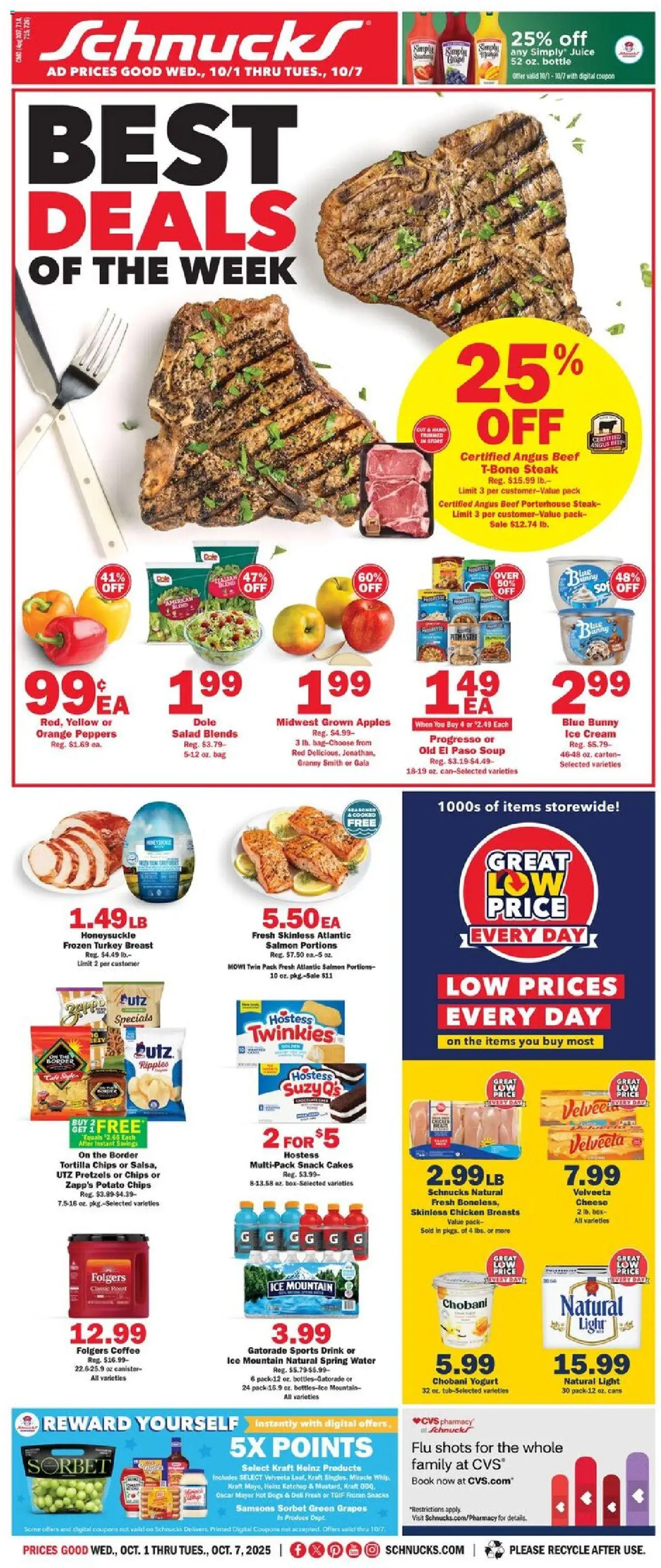 Schnucks Weekly Ad - valid from 01.10.2025 | Page: 1 | Products: Peppers, Coffee, Beef, Chips