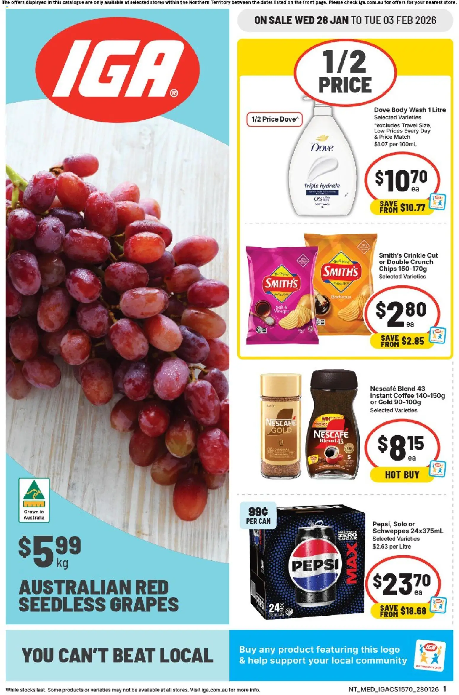 IGA catalogue - valid from 28.01.2026 | Page: 1 | Products: Coffee, Pepsi, Salt, Grapes