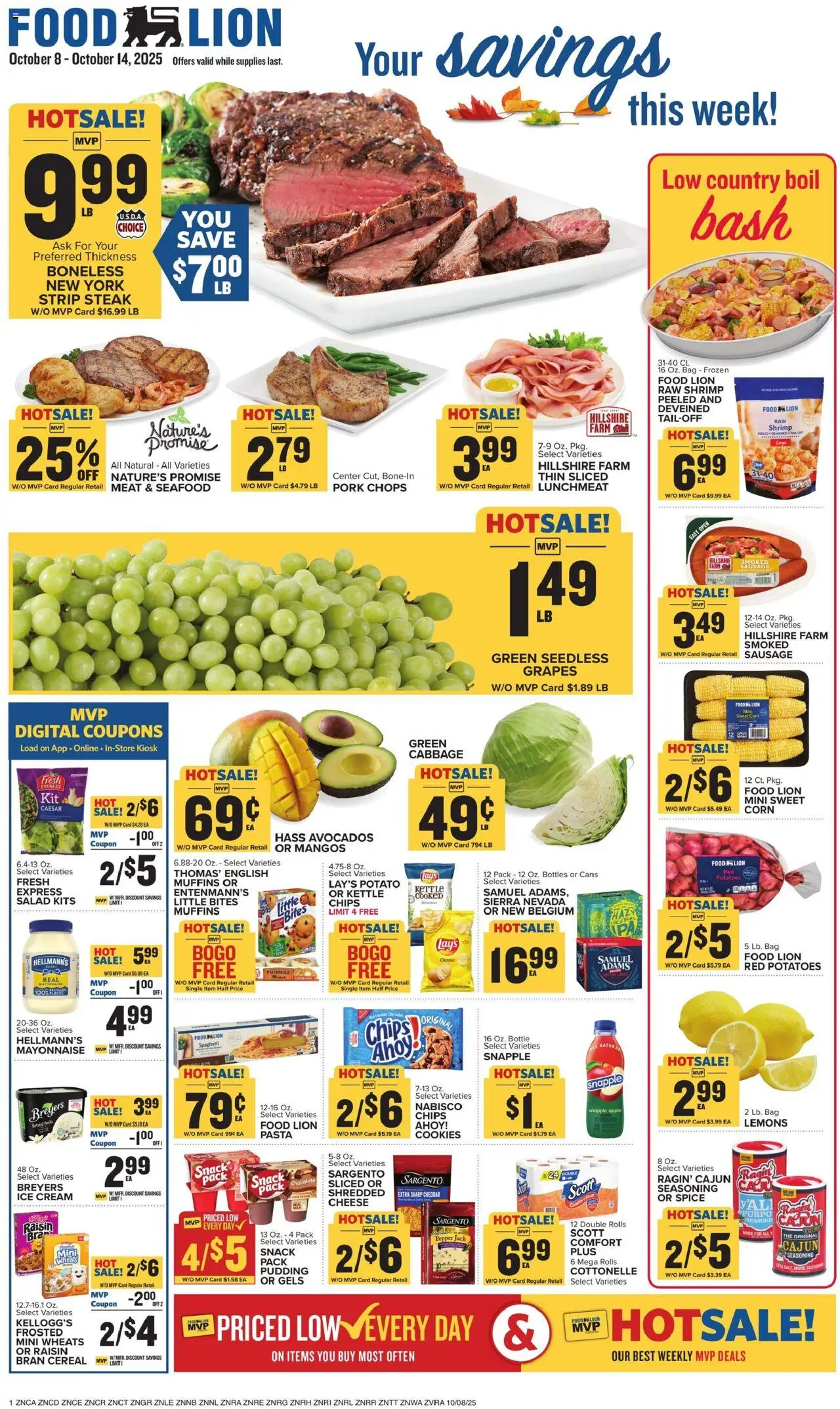 Food Lion Weekly Ad - valid from 08.10.2025 | Page: 1 | Products: Cheese, Ice cream, Salad, Potatoes