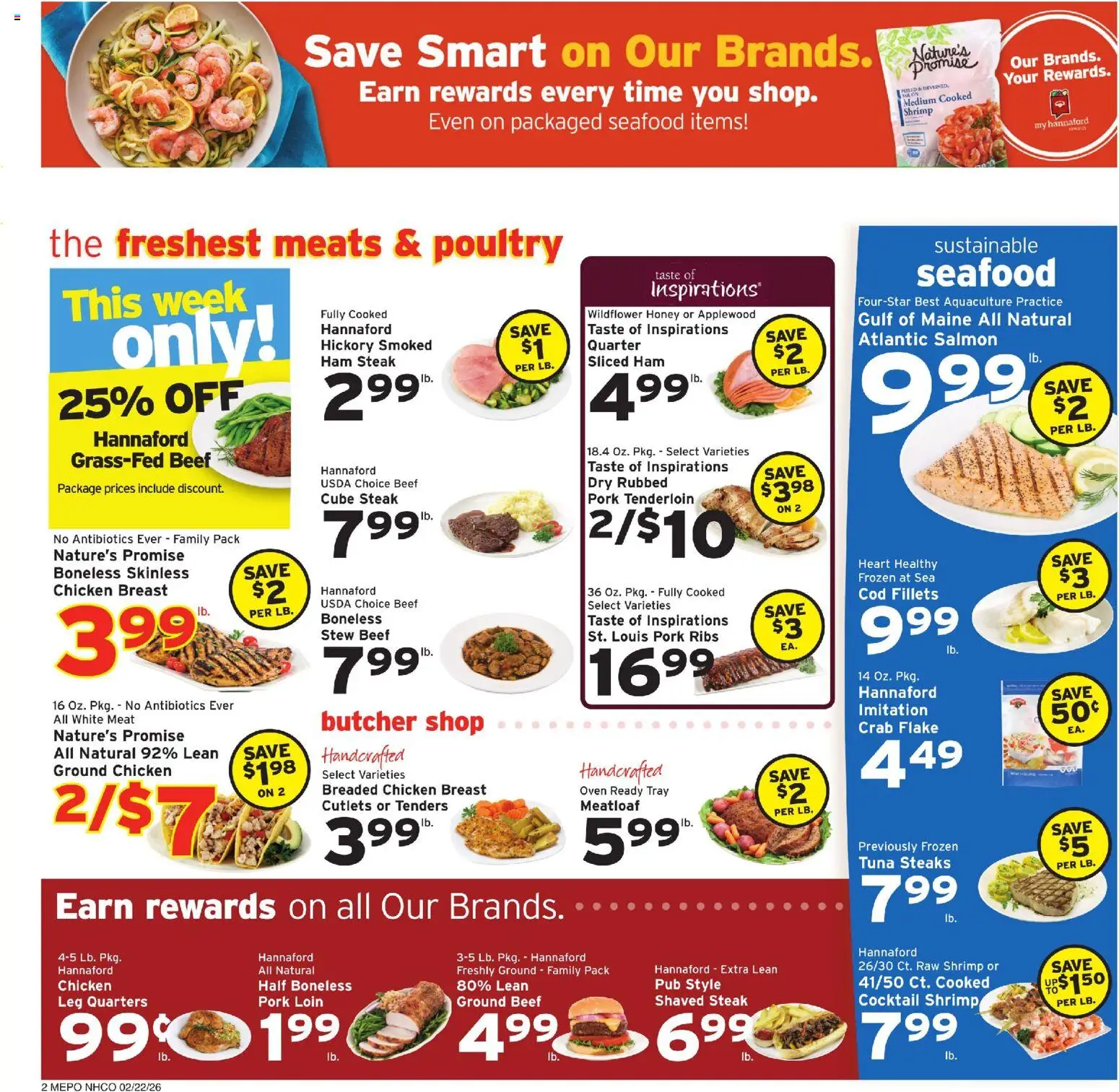 Hannaford Weekly Ad - valid from 22.02.2026 | Page: 2 | Products: Ham, Pork, Seafood, Poultry