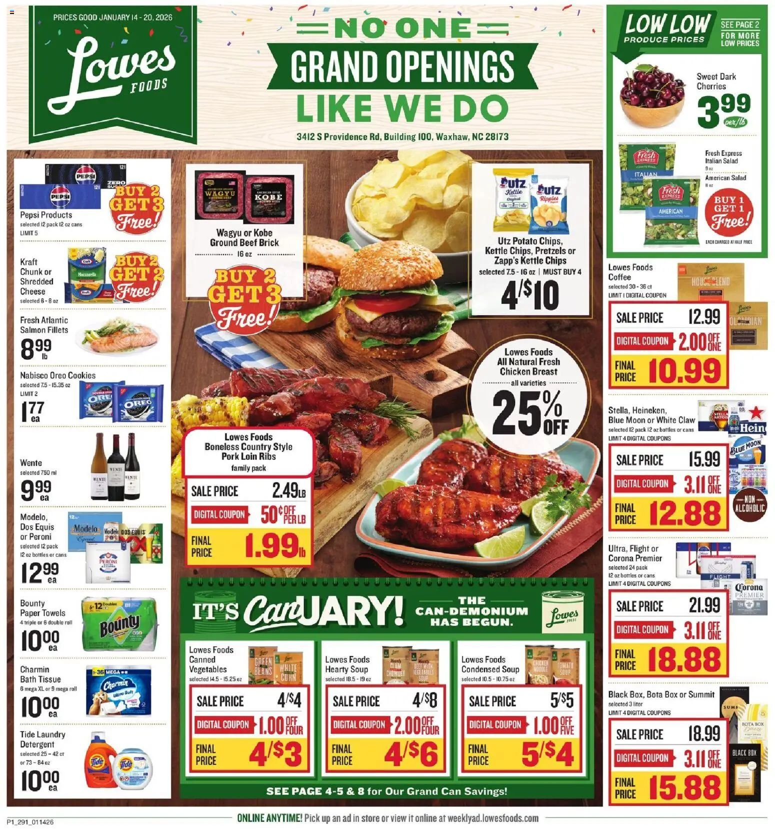 Lowes Foods Grand Opening - valid from 14.01.2026 | Page: 1 | Products: Cherries, Pork, Cookies, Kettle