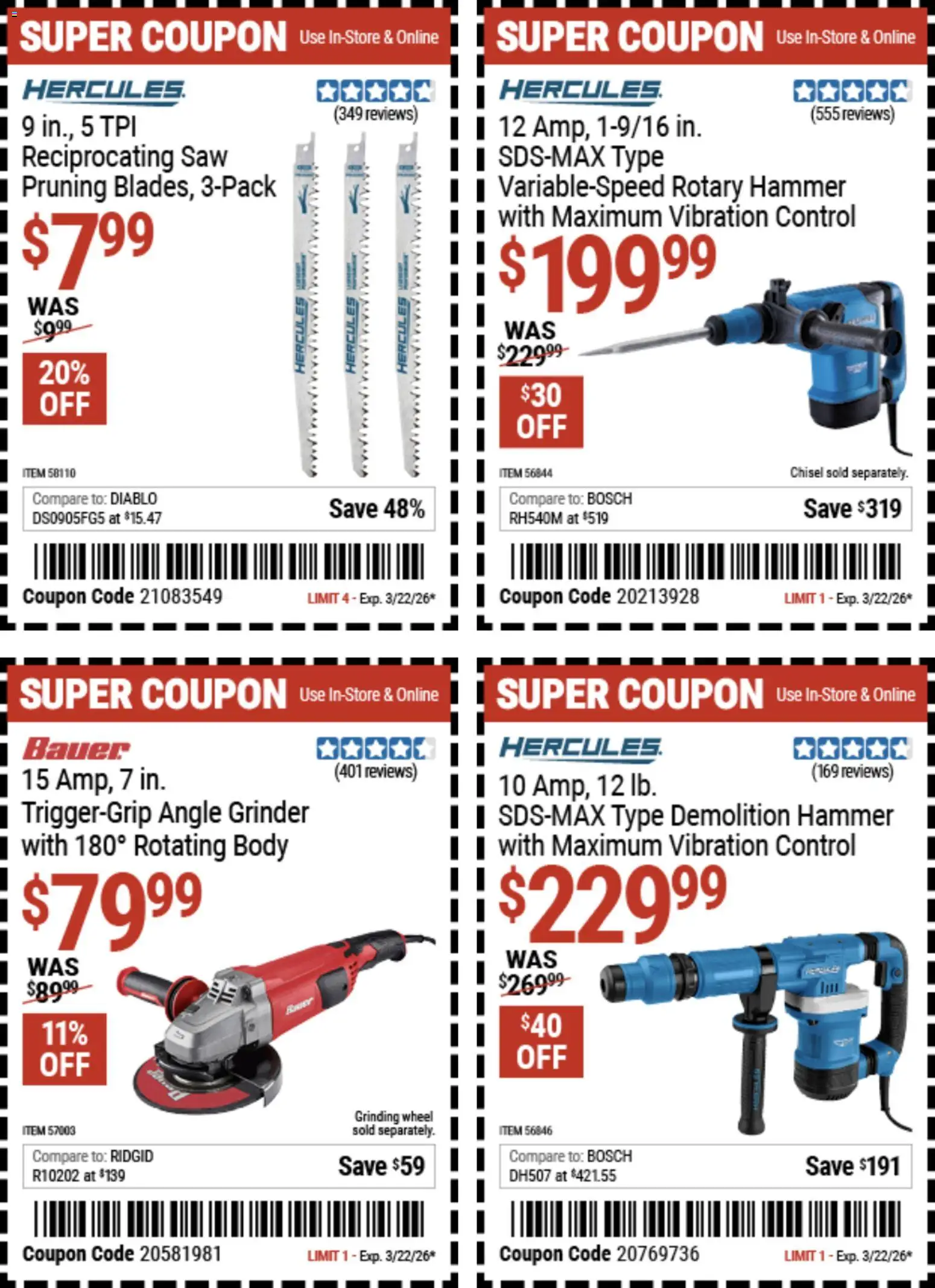 Harbor Freight Dollar Days - valid from 09.03.2026 | Page: 8 | Products: Angle Grinder, Reciprocating Saw, Hammer, Grinder