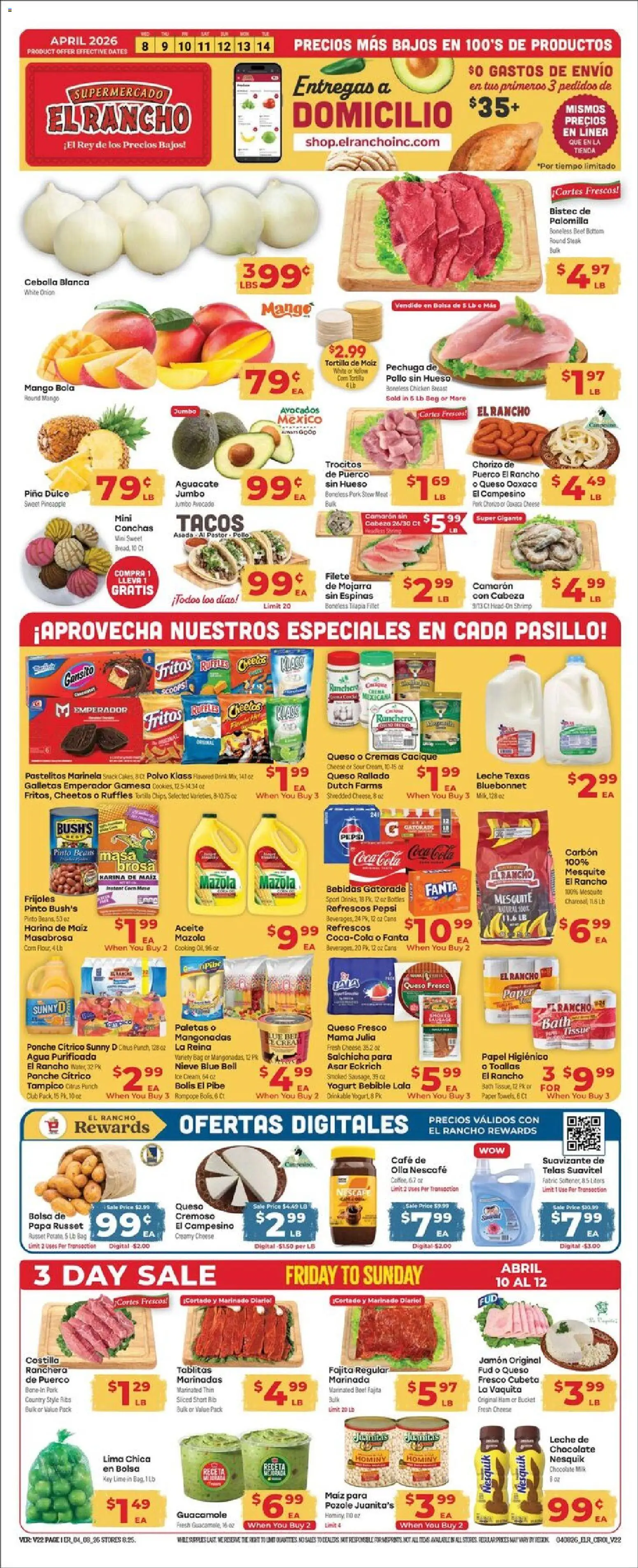 El Rancho Weekly Ad - valid from 08.04.2026 | Page: 1 | Products: Corn, Cheese, Avocado, Bag