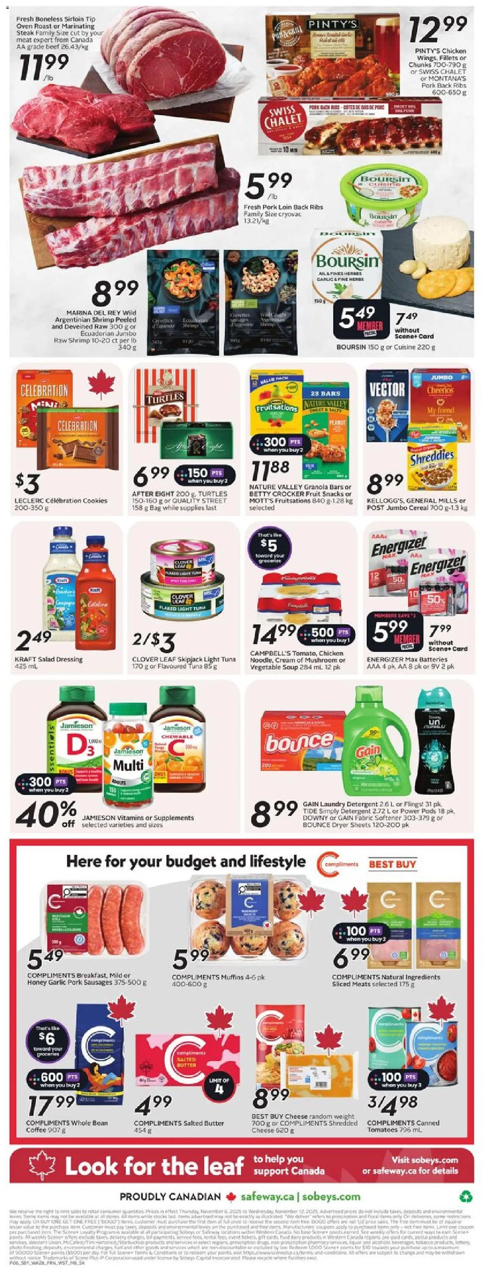 Safeway flyer valid from 06.11.2025 | Page: 4 | Products: Bag, Fabric softener, Detergent, Pork