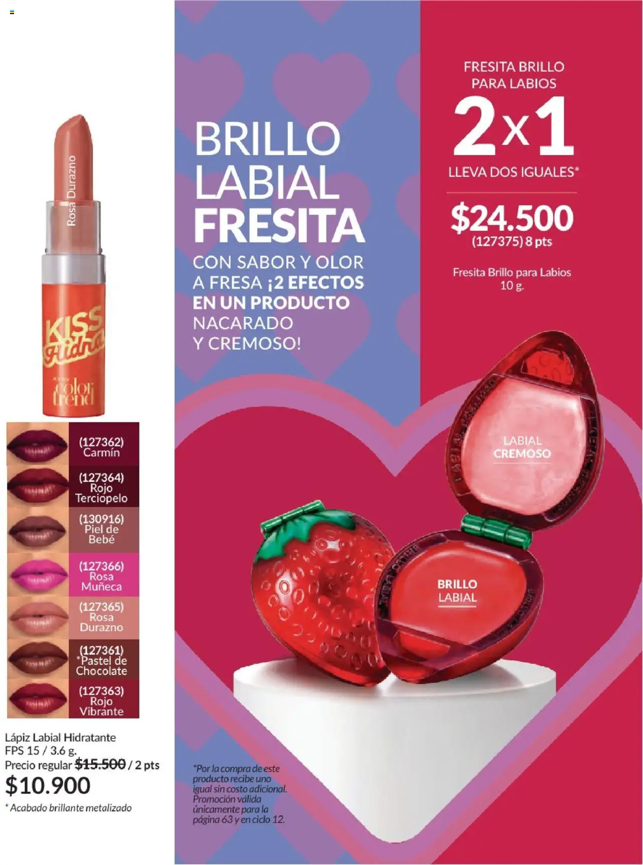 Avon revista - valida desde el 01.08.2025 | Página: 63 | Productos: Fresa, Brillo, Lápiz labial, Chocolate