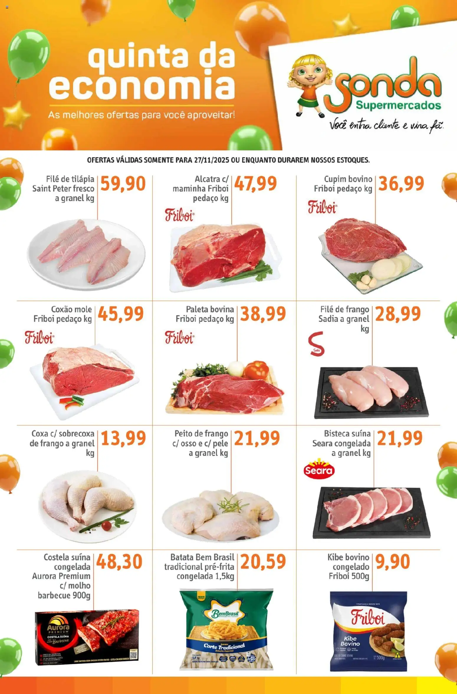 Sonda Folheto - válido de 27.11.2025 | Página: 1 | Produtos: Filé de frango, Batata, Filé de tilápia, Peito de frango