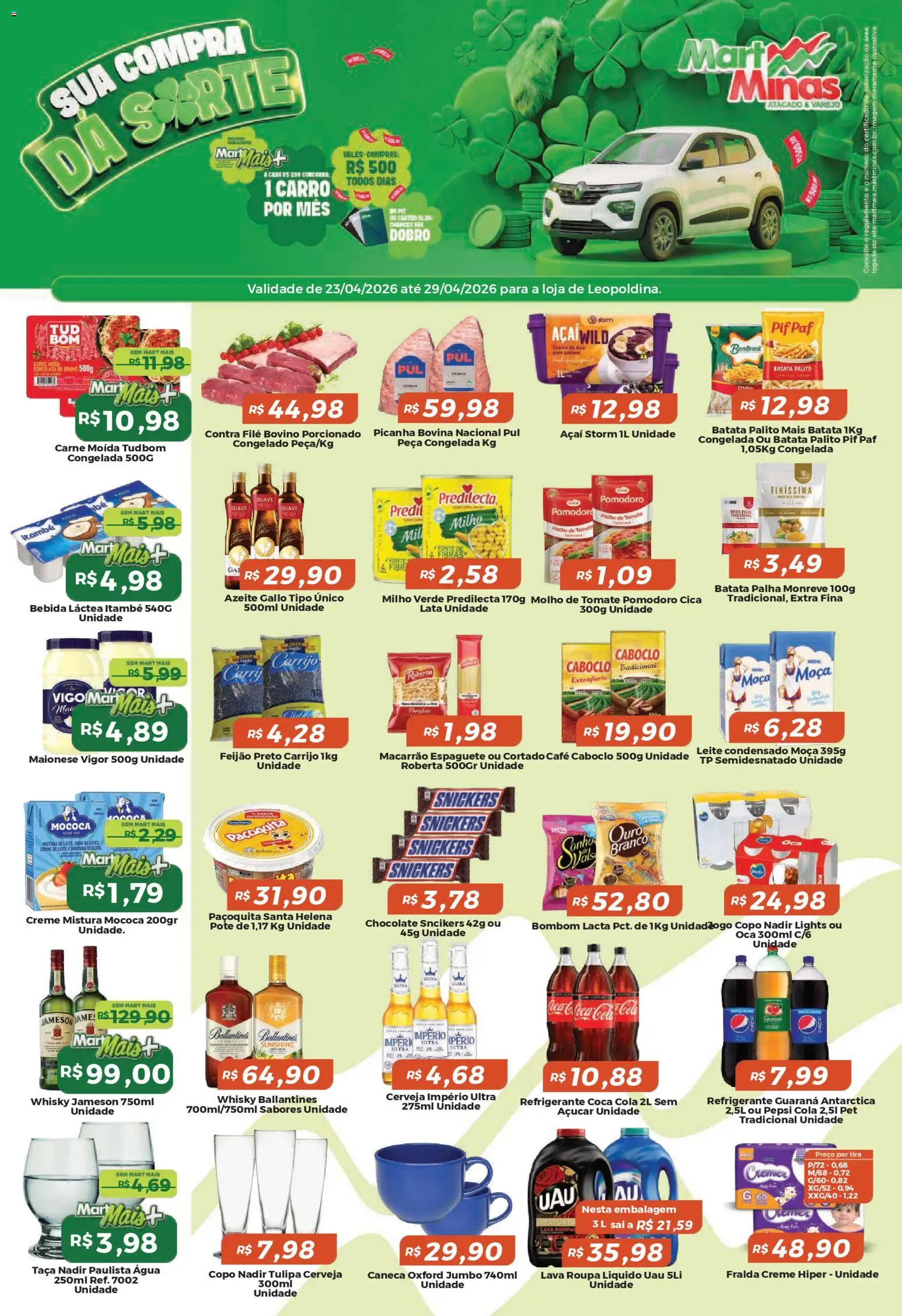 Mart Minas Folheto - válido de 23.04.2026 | Página: 1 | Produtos: Contra filé, Creme de leite, Bombom, Carne moída