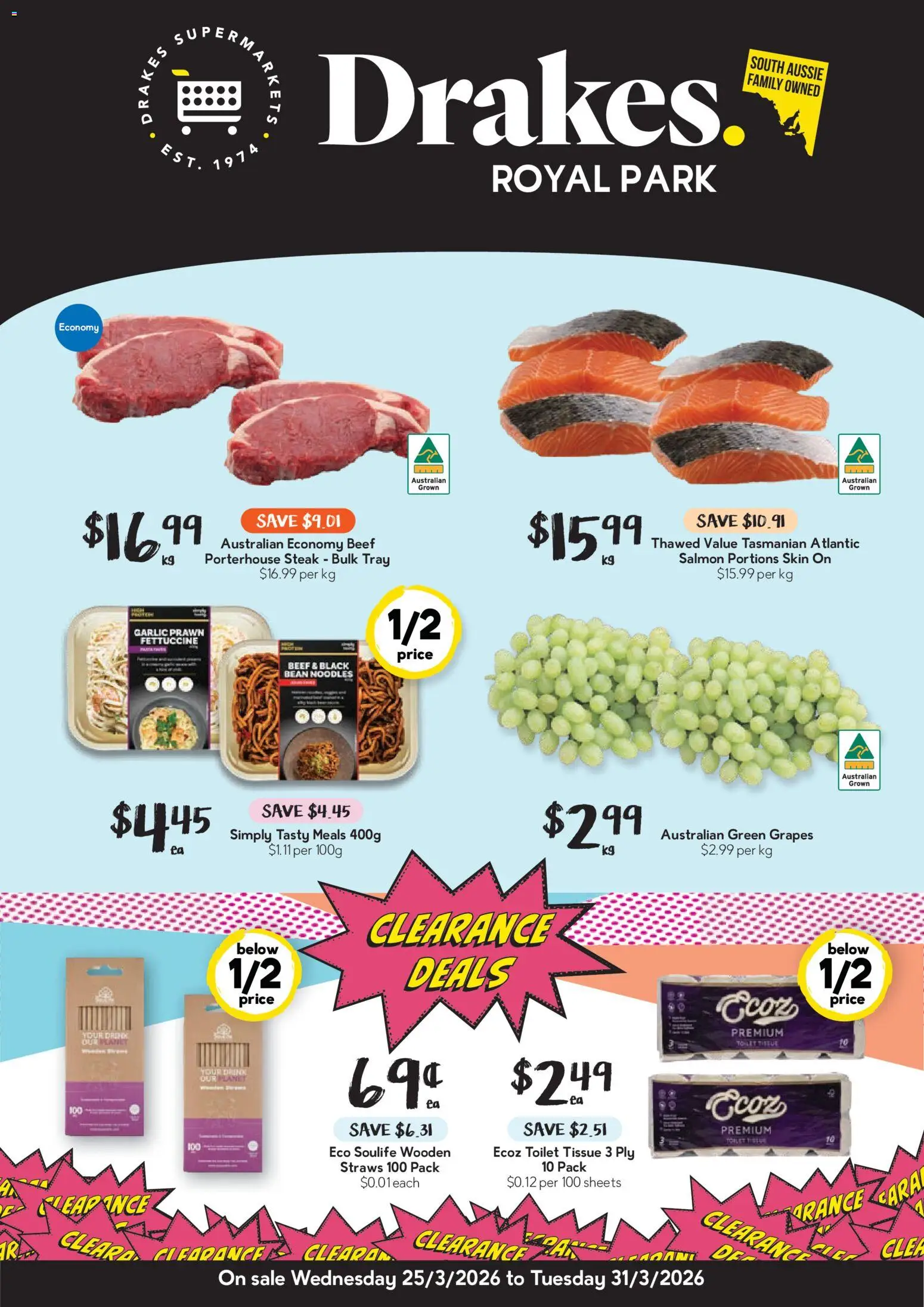 Drakes catalogue - valid from 25.03.2026 | Page: 1 | Products: Toilet, Noodles, Beef, Grapes