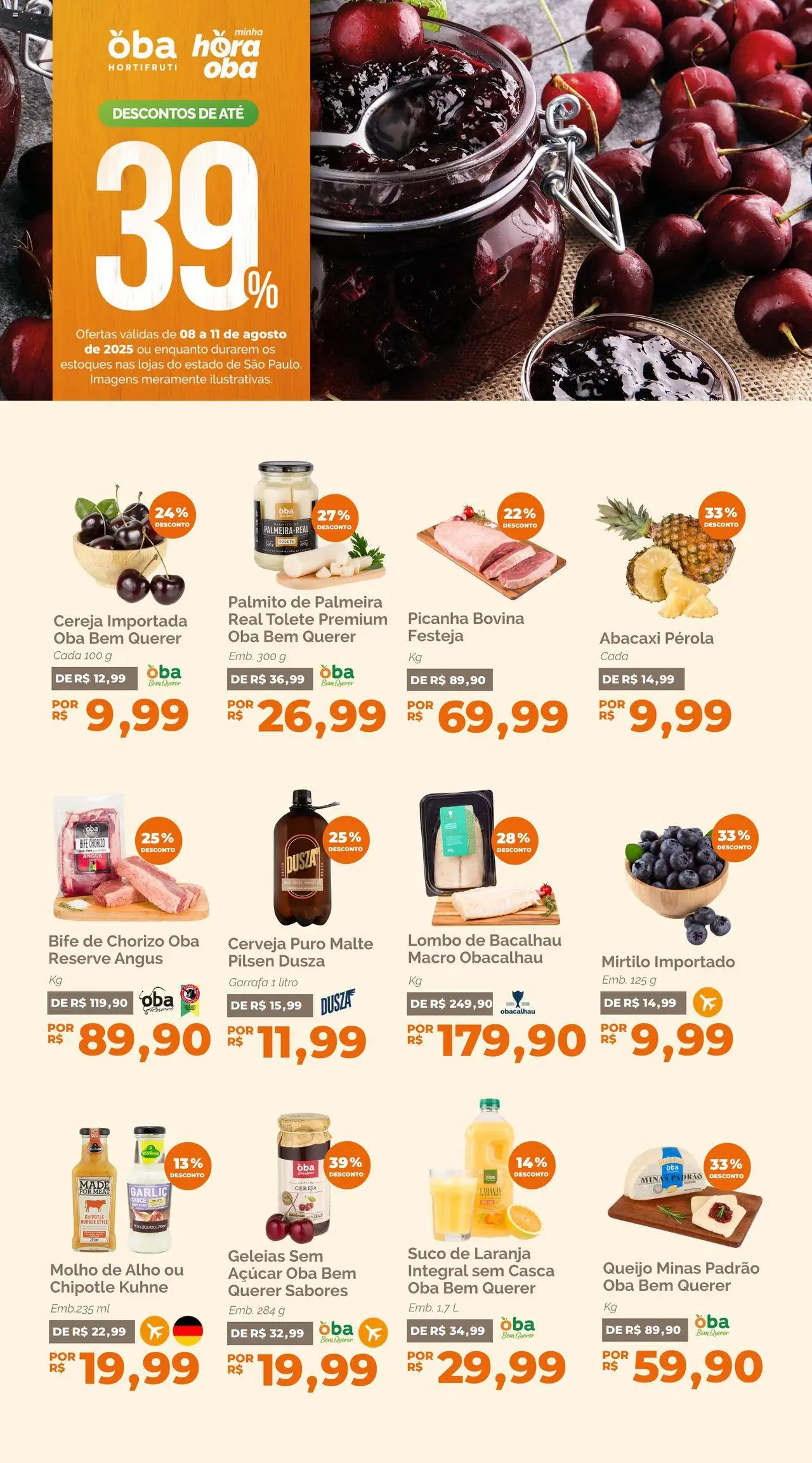 Oba Hortifruti Folheto - válido de 08.08.2025 | Página: 1 | Produtos: Cereja, Palmito, Lombo, Suco