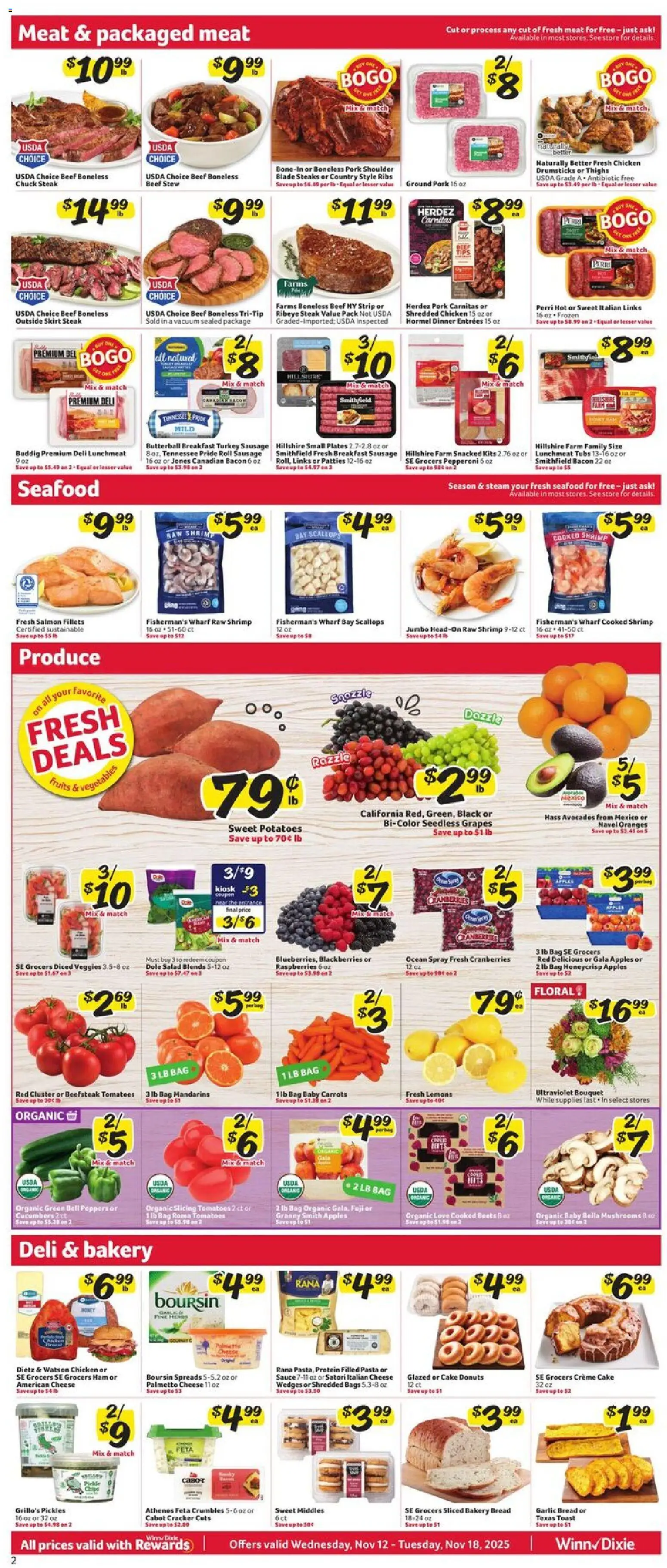 Winn Dixie Weekly Circular - FL - valid from 12.11.2025 | Page: 2 | Products: Bakery, Cheese, Sausage, Bag