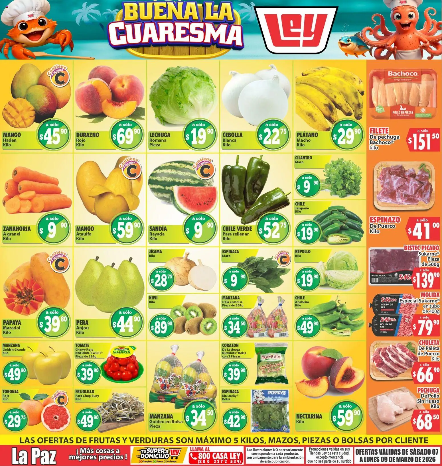 Nuevas ofertas de Casa Ley válidas en toda la República Mexicana desde el 07.03.2026. ¡Encuentra las mejores ofertas en Casa Ley folleto Las ofertas de frutas y verdunas La Paz! | Página: 1 | Productos: Lechuga, Mango, Espinaca, Zanahoria