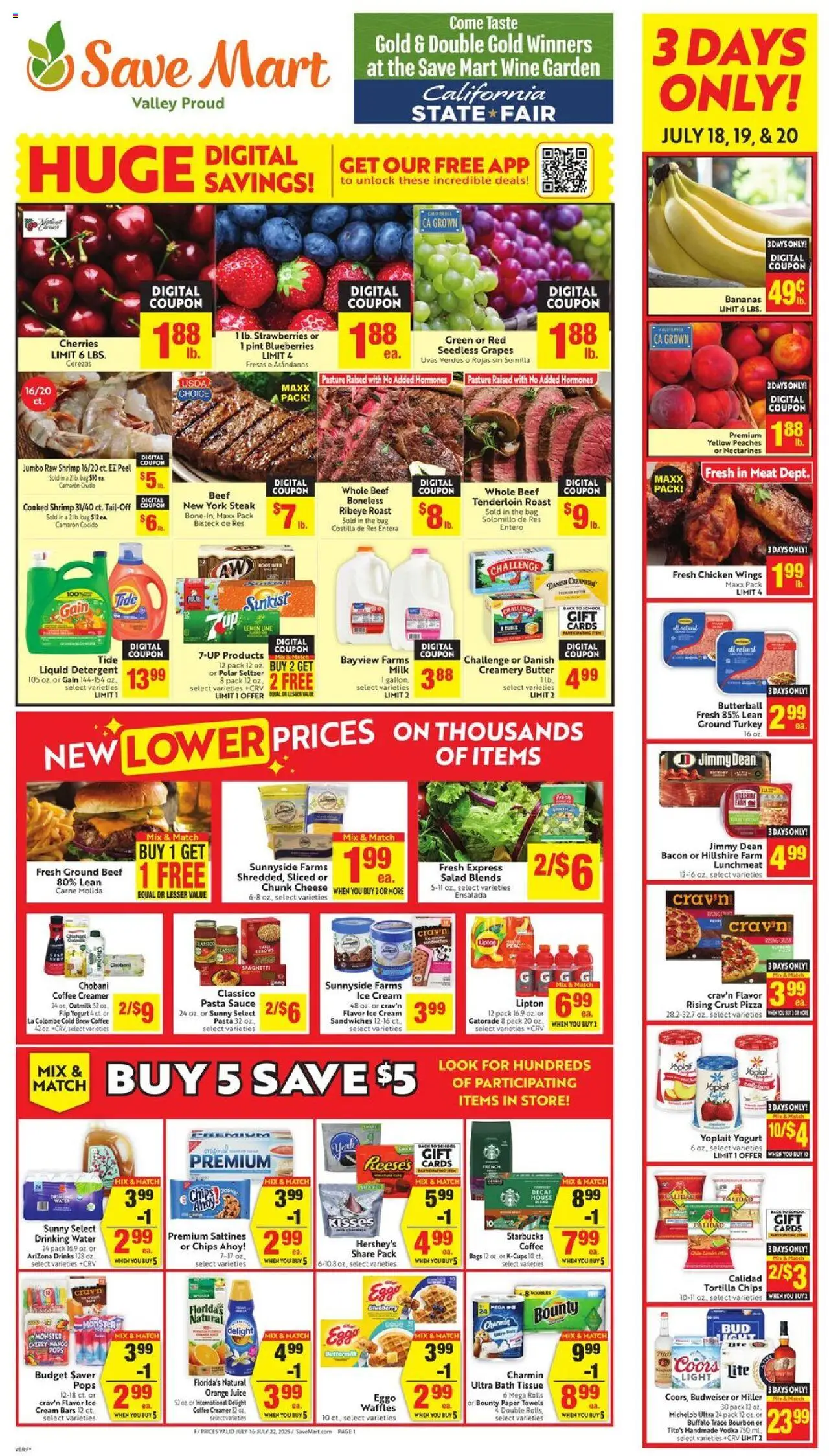 Save Mart Weekly Ad - valid from 16.07.2025 | Page: 1 | Products: Peaches, Strawberries, Chips, Bag