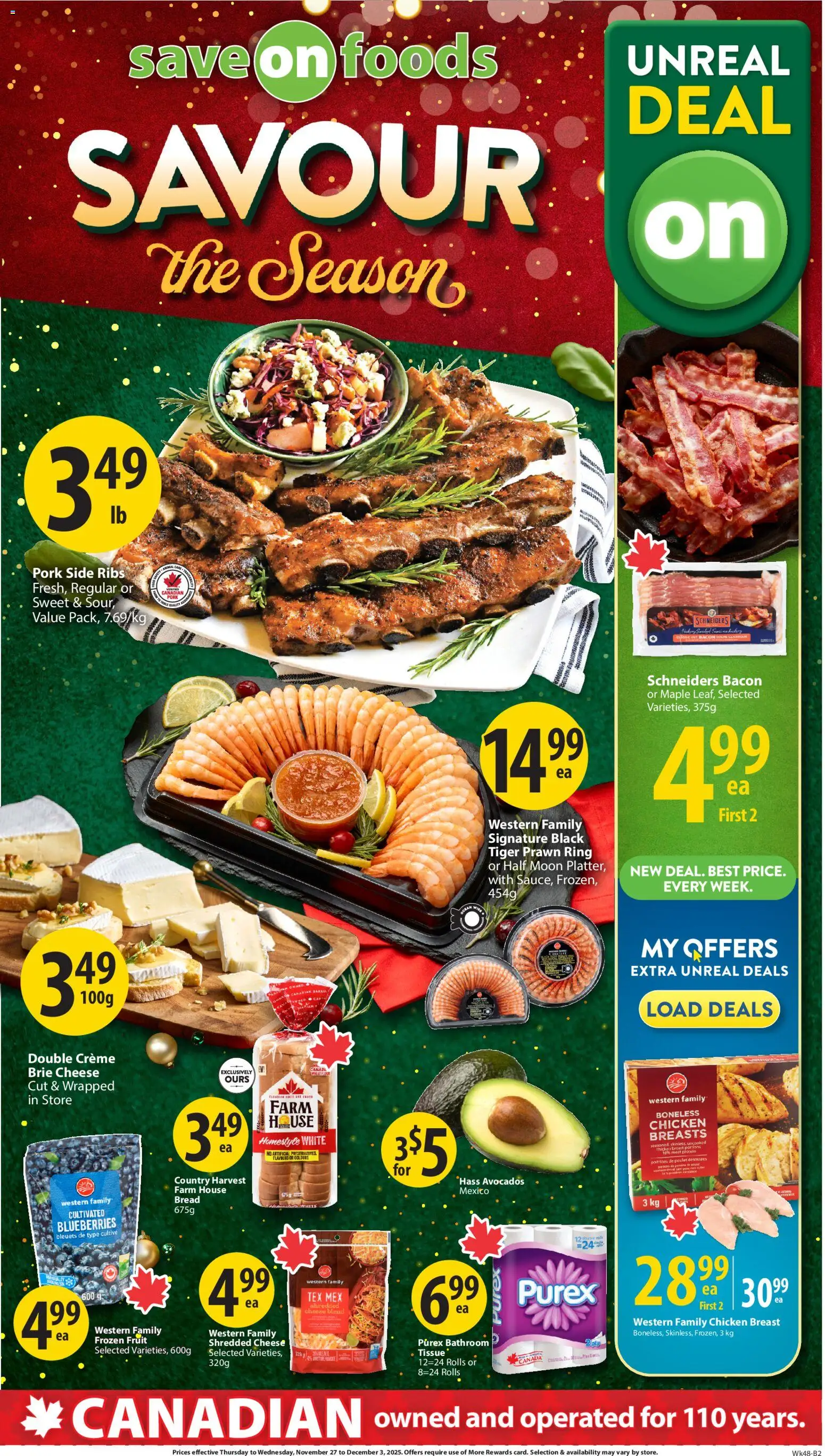 Save on foods flyer valid from 27.11.2025 | Page: 2 | Products: Cheese, Bread, Chicken, Pork