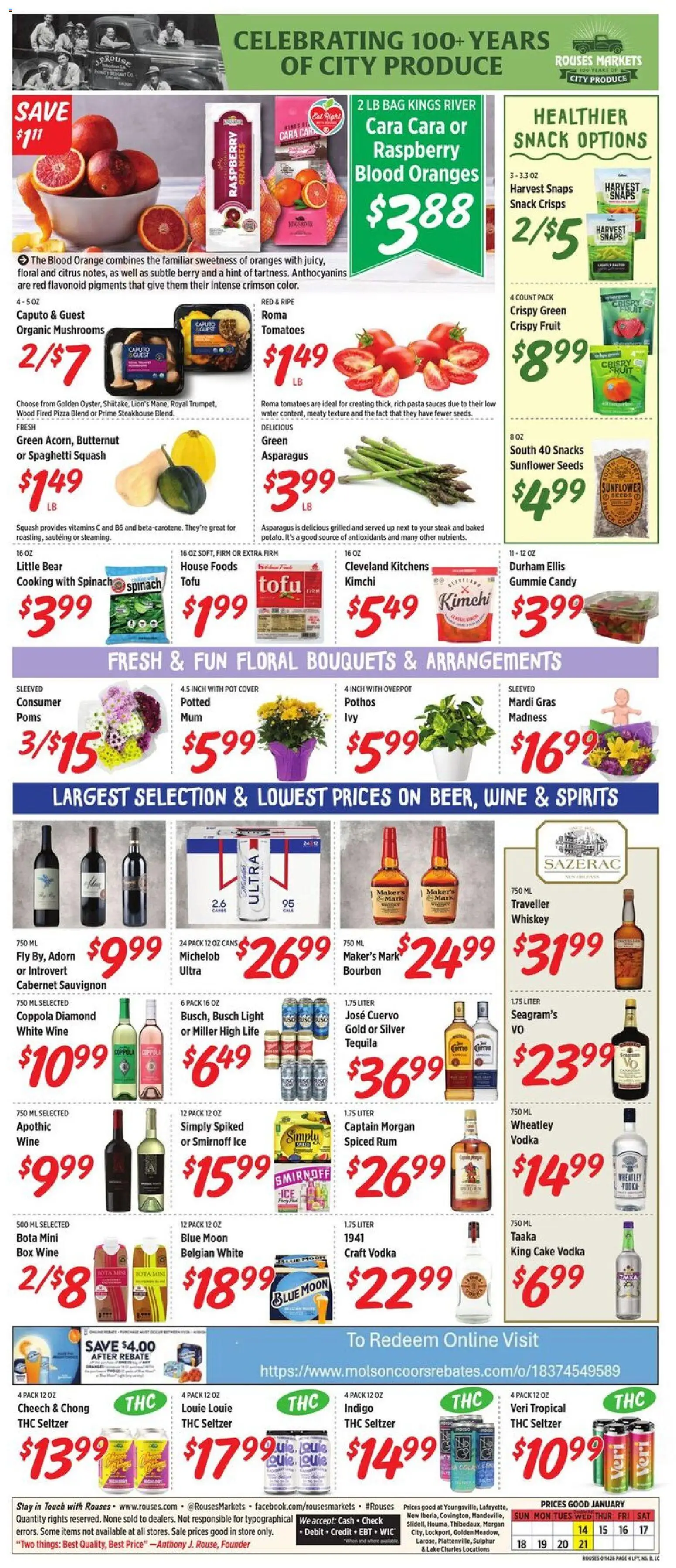 Rouses Weekly Ad - LA - valid from 14.01.2026 | Page: 8 | Products: Asparagus, Spinach, Wine, Oranges
