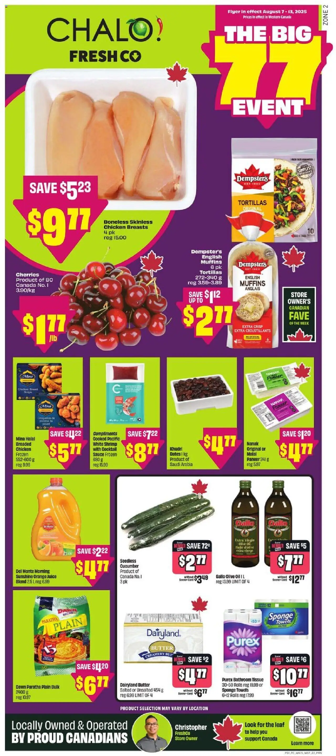 FreshCo flyer valid from 07.08.2025 | Page: 1 | Products: Sponge, Butter, Juice, Chicken