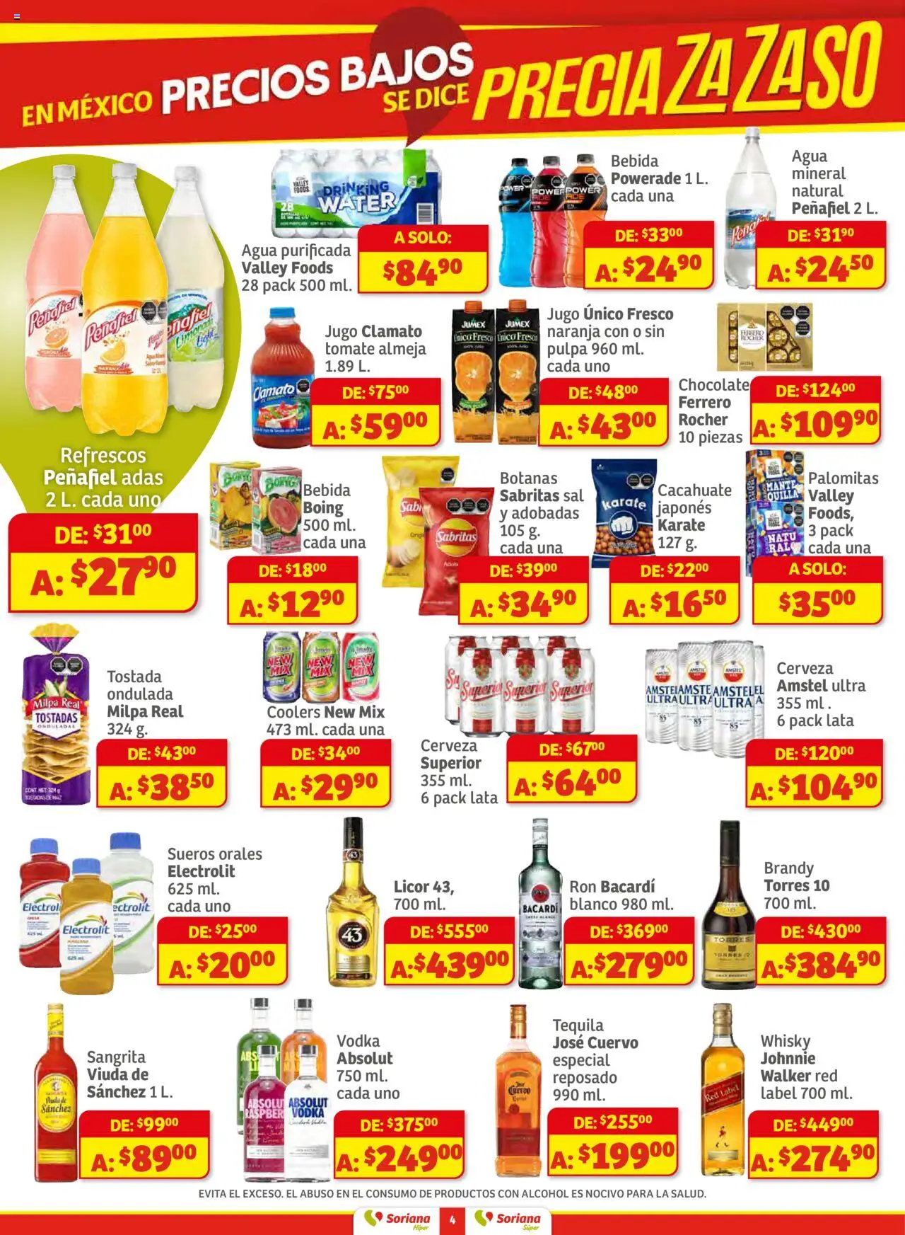 Nuevas ofertas de Soriana válidas en toda la República Mexicana desde el 16.10.2025. ¡Encuentra las mejores ofertas en Soriana - Preciazazaso Súper: Valle de México! | Página: 4 | Productos: Agua, Limón, Tequila, Whisky
