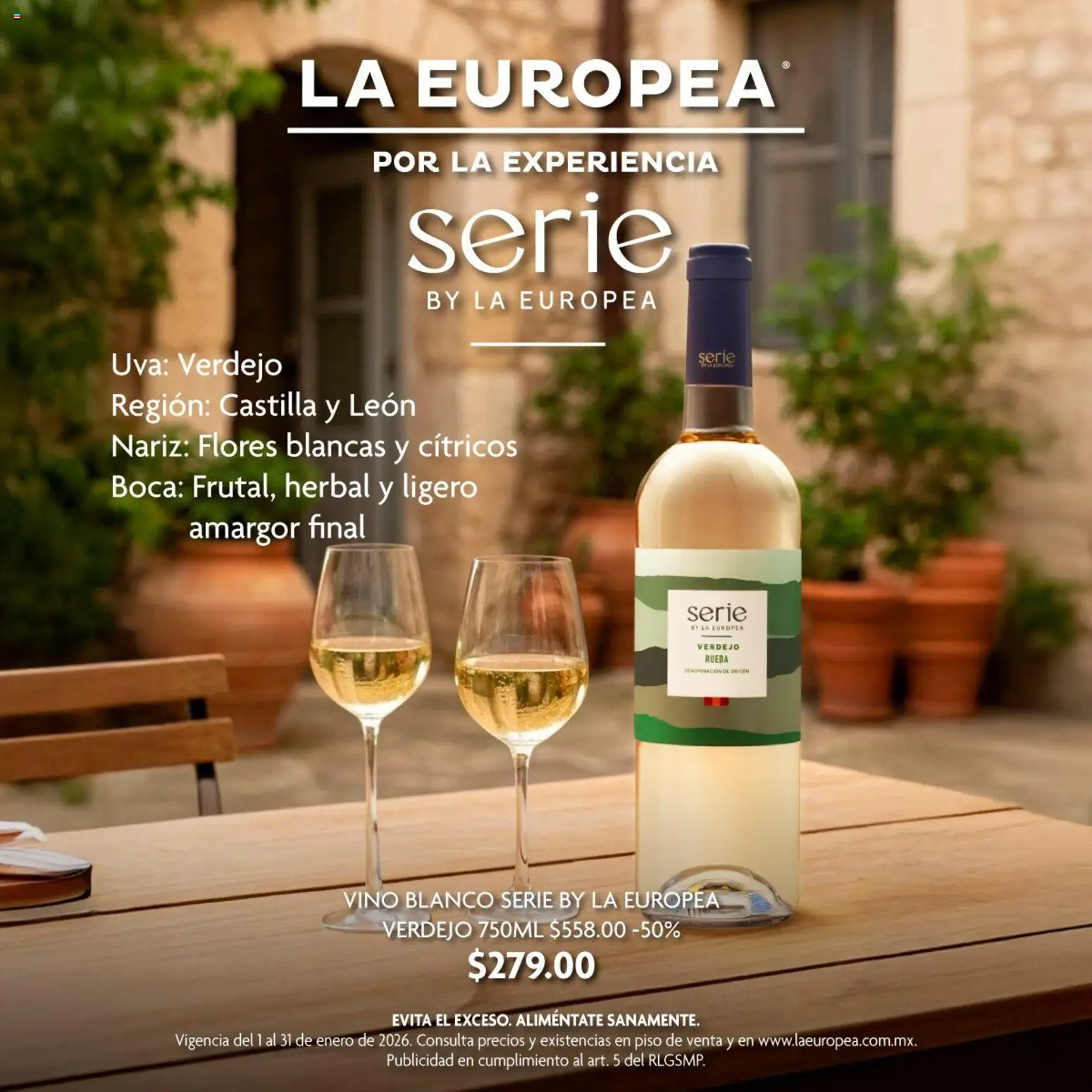 Nuevas ofertas de La Europea válidas en toda la República Mexicana desde el 01.01.2026. ¡Encuentra las mejores ofertas en La Europea catálogo Vino Blanco Serie By Verdejo 750 ml! | Página: 1 | Productos: Uva, Vino