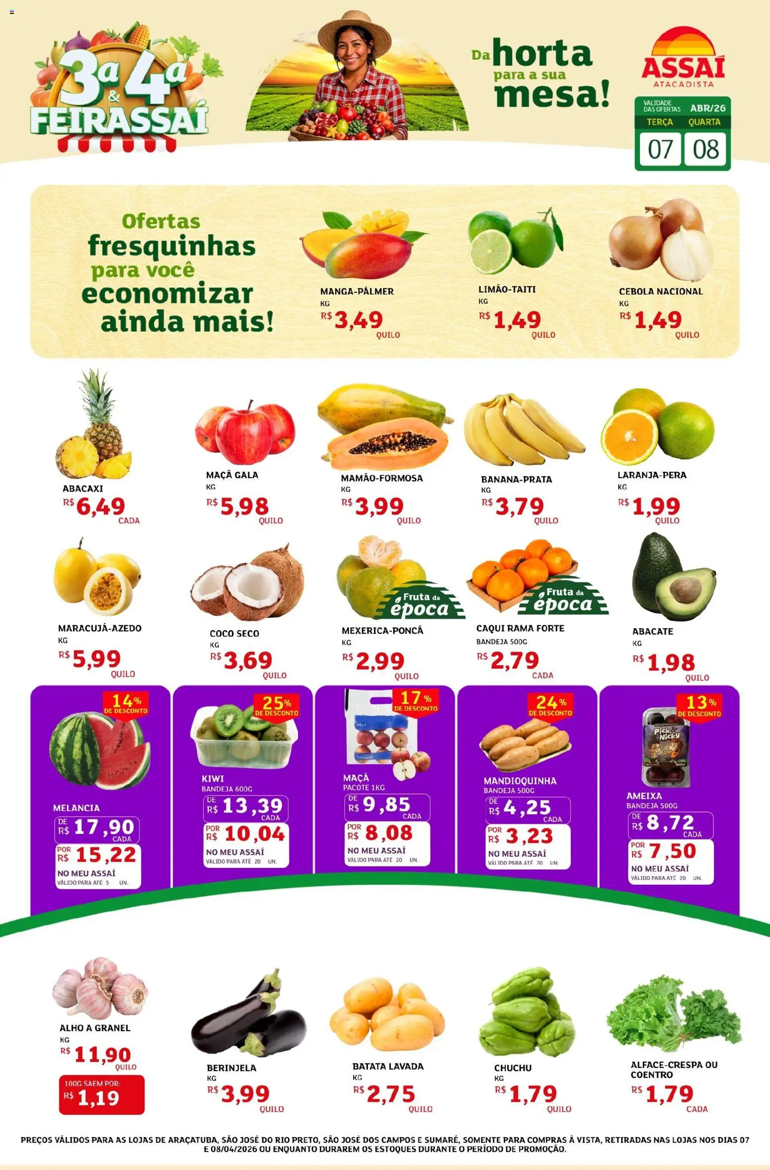 Assaí Atacadista Folheto - válido de 07.04.2026 | Página: 1 | Produtos: Berinjela, Mesa, Kiwi, Bandeja
