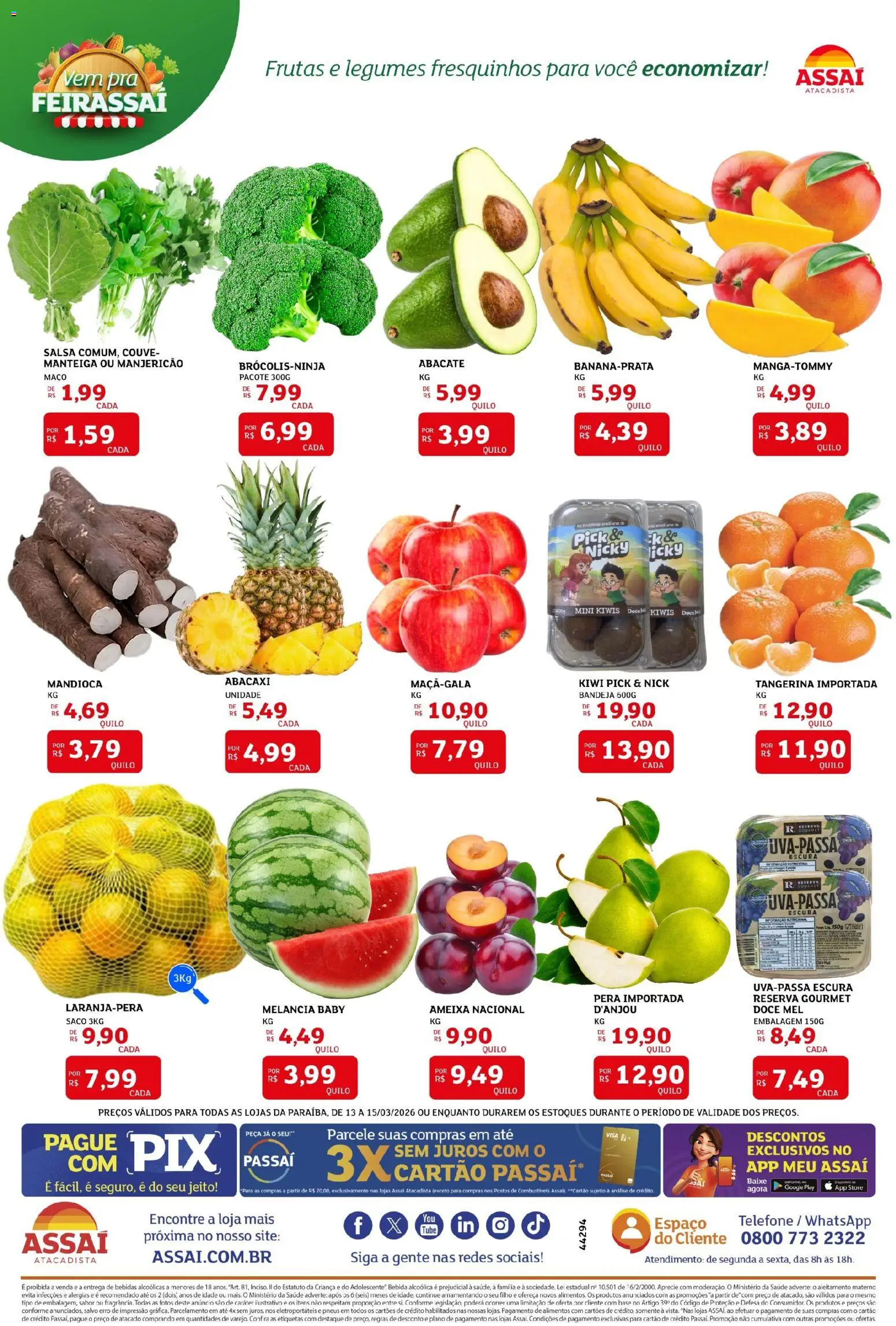 Assaí Atacadista Folheto - válido de 13.03.2026 | Página: 3 | Produtos: Melancia, Manjericão, Manteiga, Base