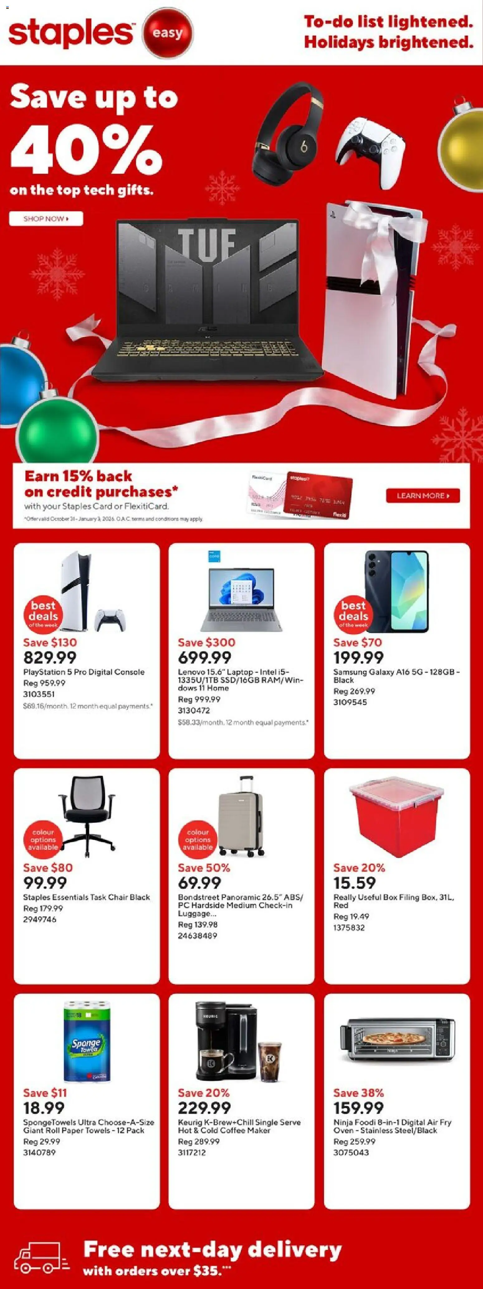 Staples flyer valid from 05.12.2025 | Page: 1 | Products: PC, Coffee maker, Chair, Coffee