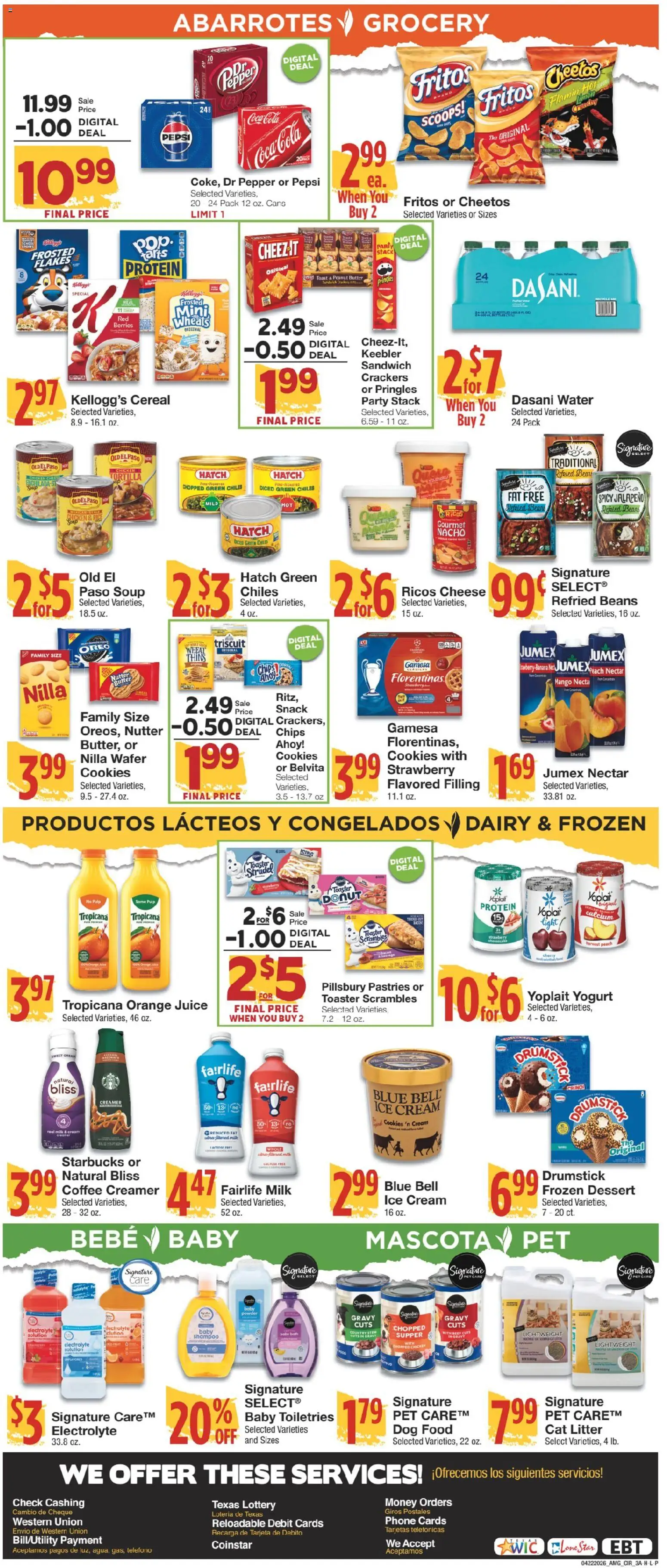 United Supermarkets Ad - valid from 22.04.2026 | Page: 3 | Products: Cat Litter, Rice, Ice cream, Peach