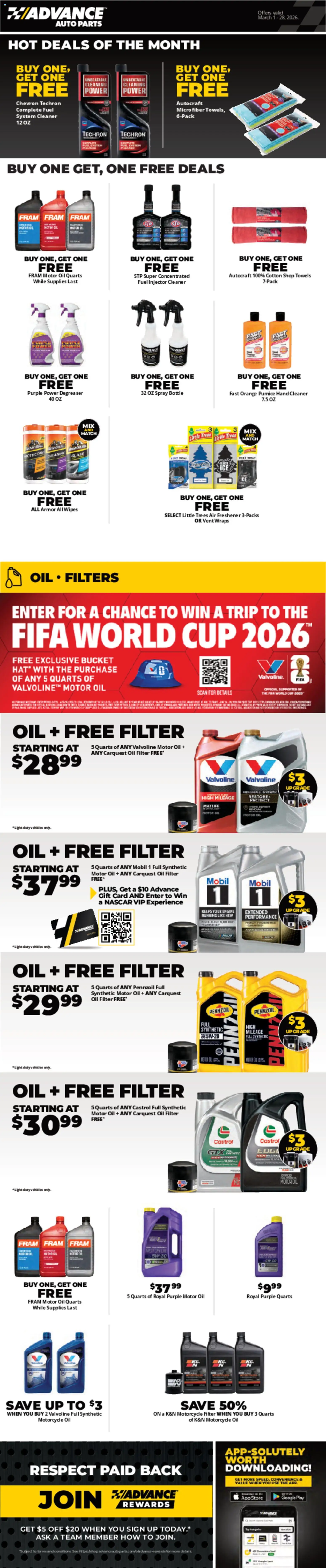 Advance Auto Parts Weekly Ad - valid from 01.03.2026 | Page: 1 | Products: Oil, Oil filter, Motor Oil