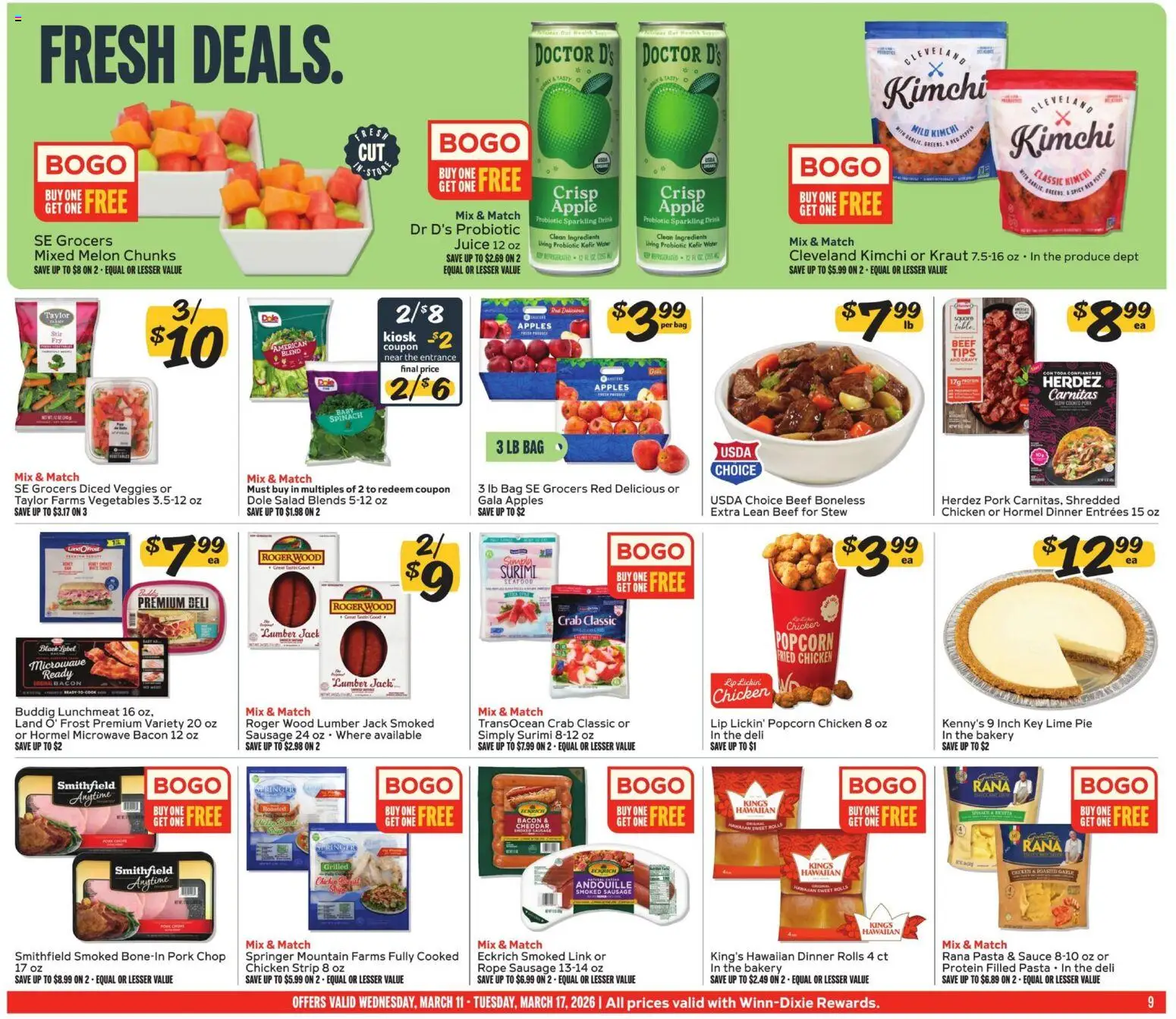 Winn Dixie Weekly Circular - GA - valid from 11.03.2026 | Page: 9 | Products: Spinach, Pork, Pasta, Sauce