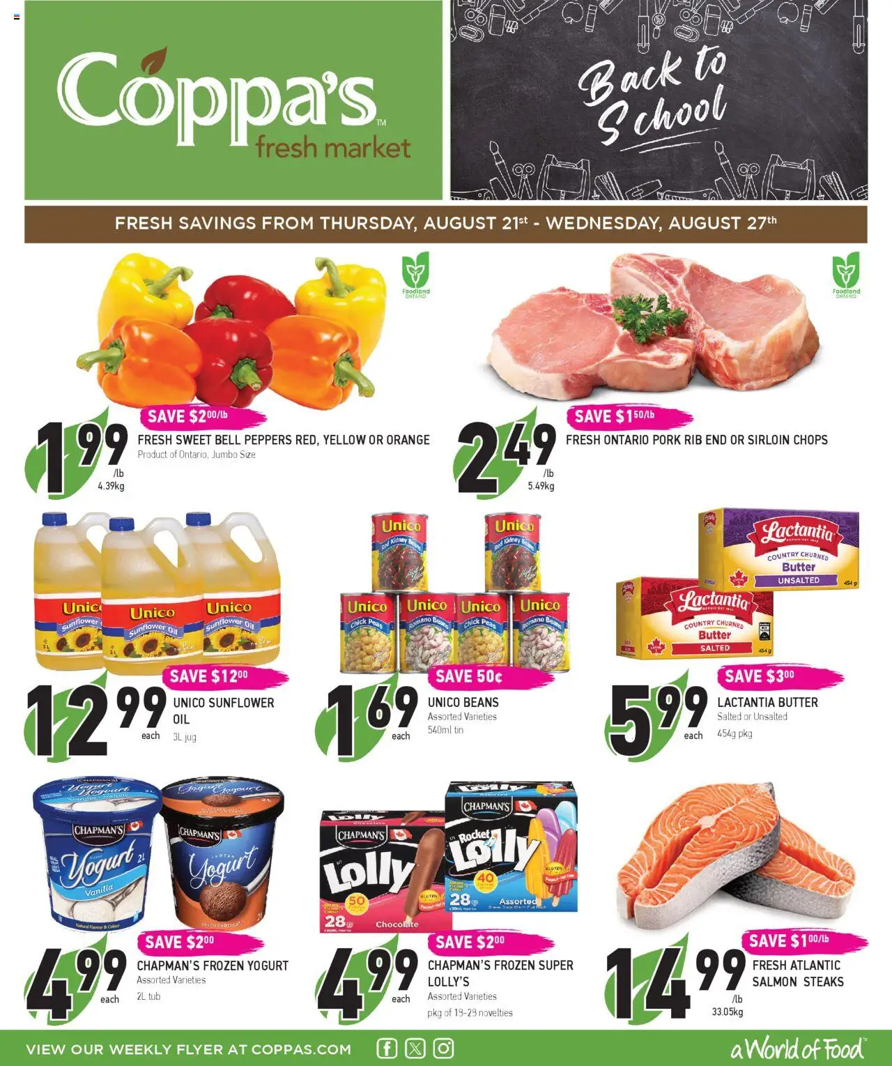 Coppas Fresh Market flyer valid from 21.08.2025 | Page: 1 | Products: Butter, Oil, Chocolate, Pork