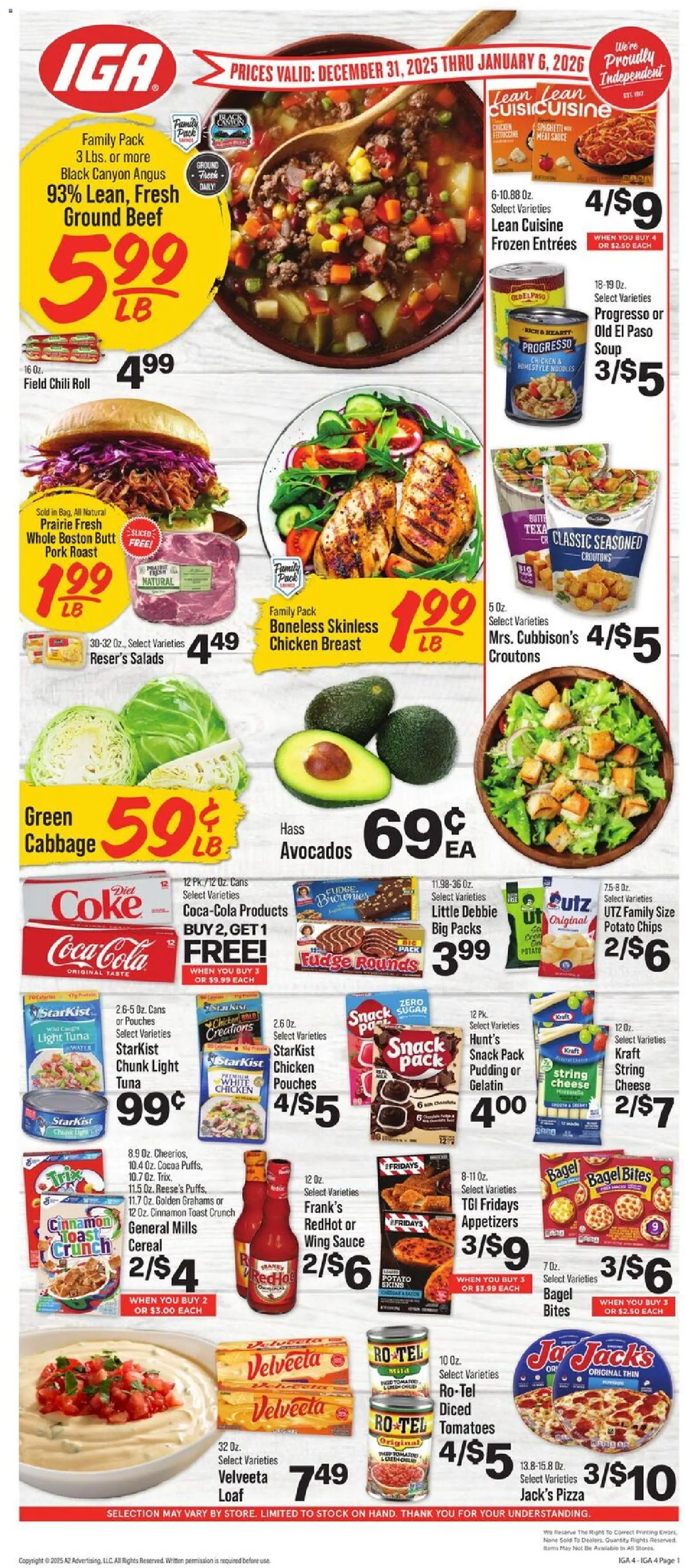 IGA Weekly Ad - valid from 31.12.2025 | Page: 1 | Products: Cheese, Pizza, Sugar, Cabbage
