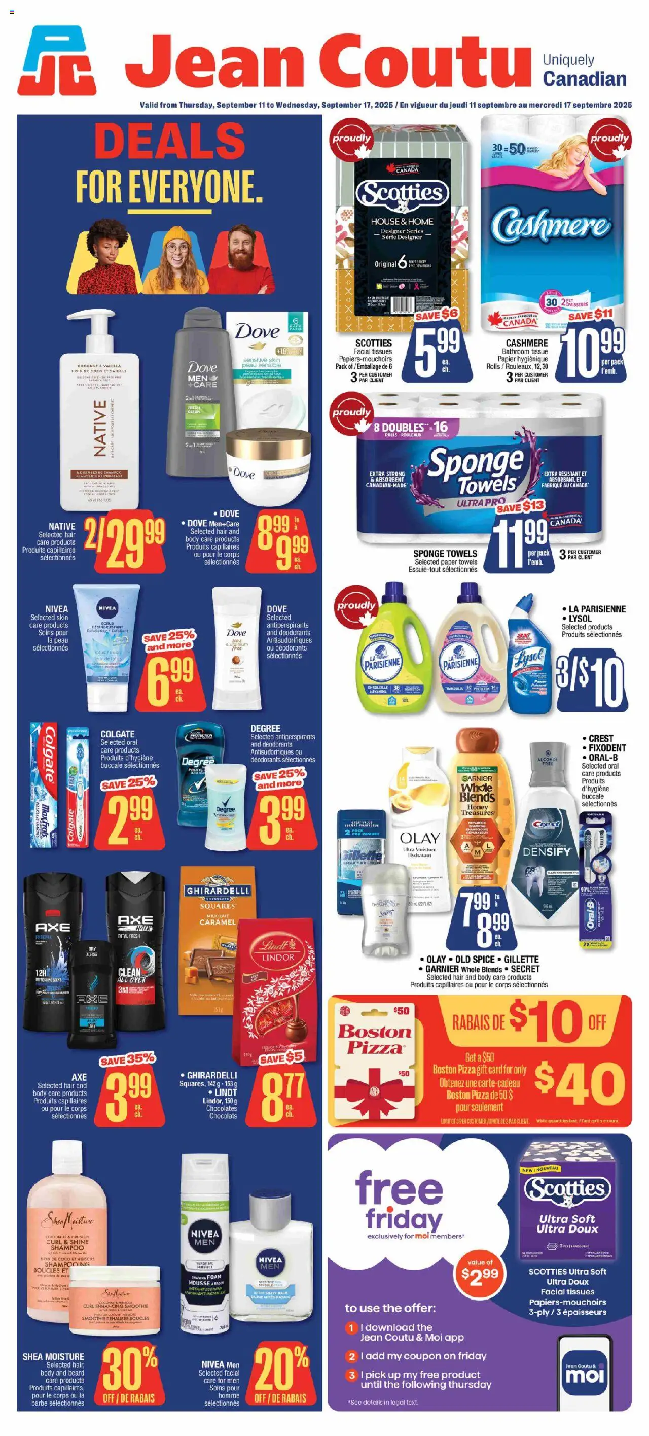Jean Coutu flyer valid from 11.09.2025 | Page: 1 | Products: Sponge, Shampoo, Shaving foam, Pizza