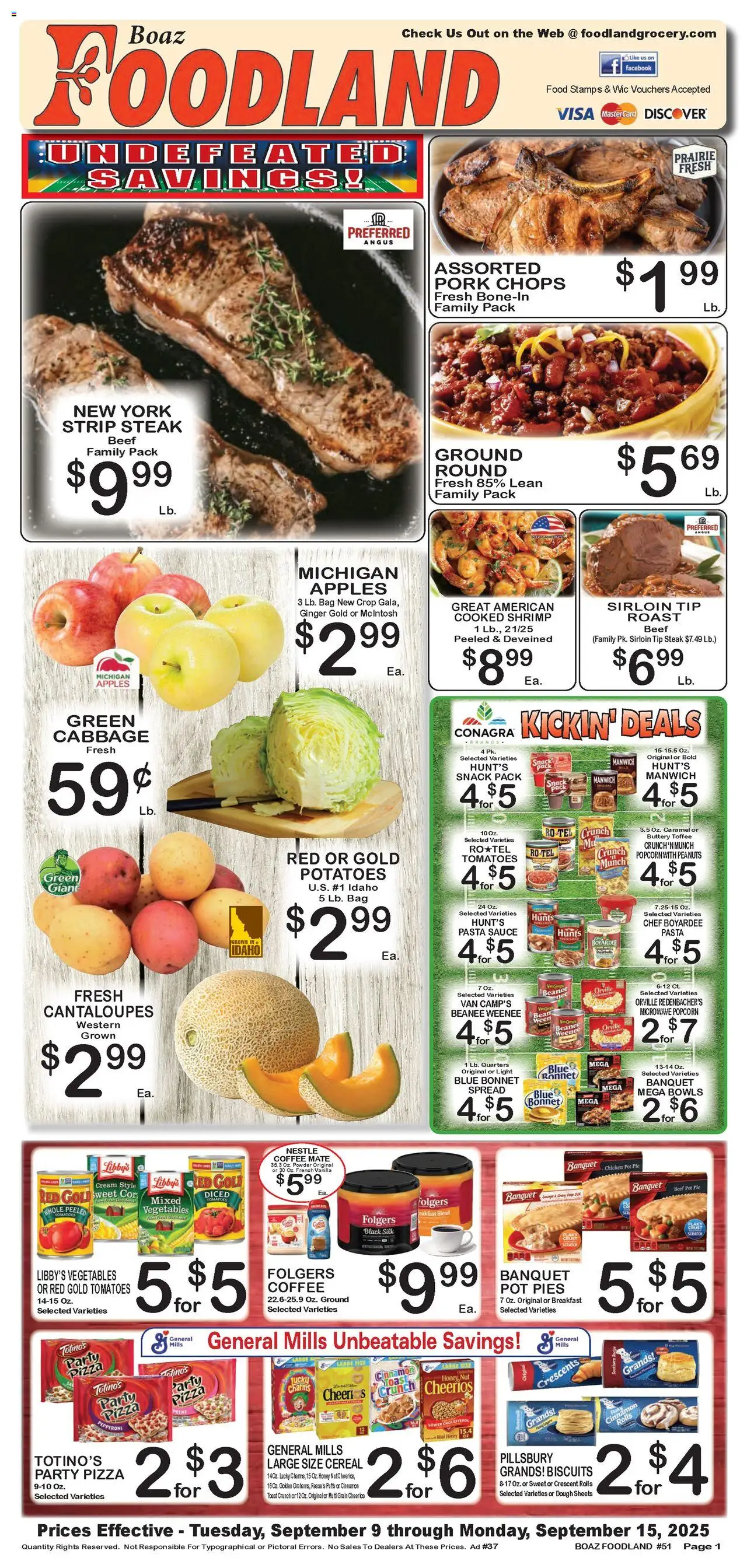 Foodland Weekly Ad - valid from 09.09.2025 | Page: 1 | Products: Cantaloupes, Apples, Pasta, Sauce