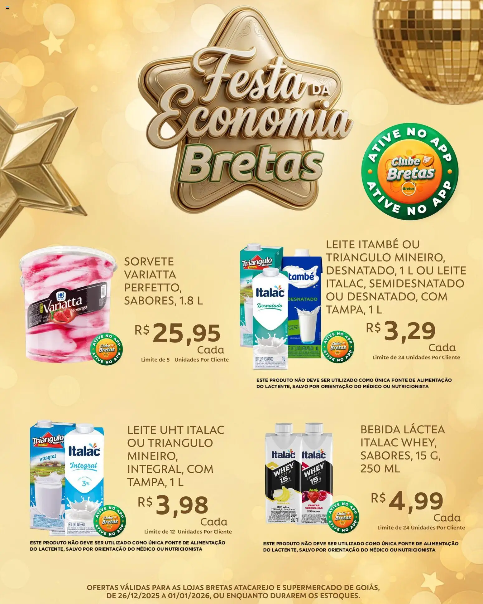 Bretas Folheto - válido de 26.12.2025 | Página: 3 | Produtos: Leite, Cálcio, Sorvete, Bebida