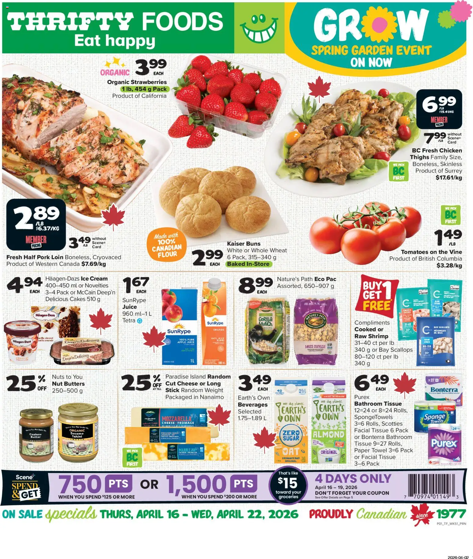 Thrifty Foods flyer valid from 16.04.2026 | Page: 1 | Products: Ice cream, Butter, Juice, Chicken