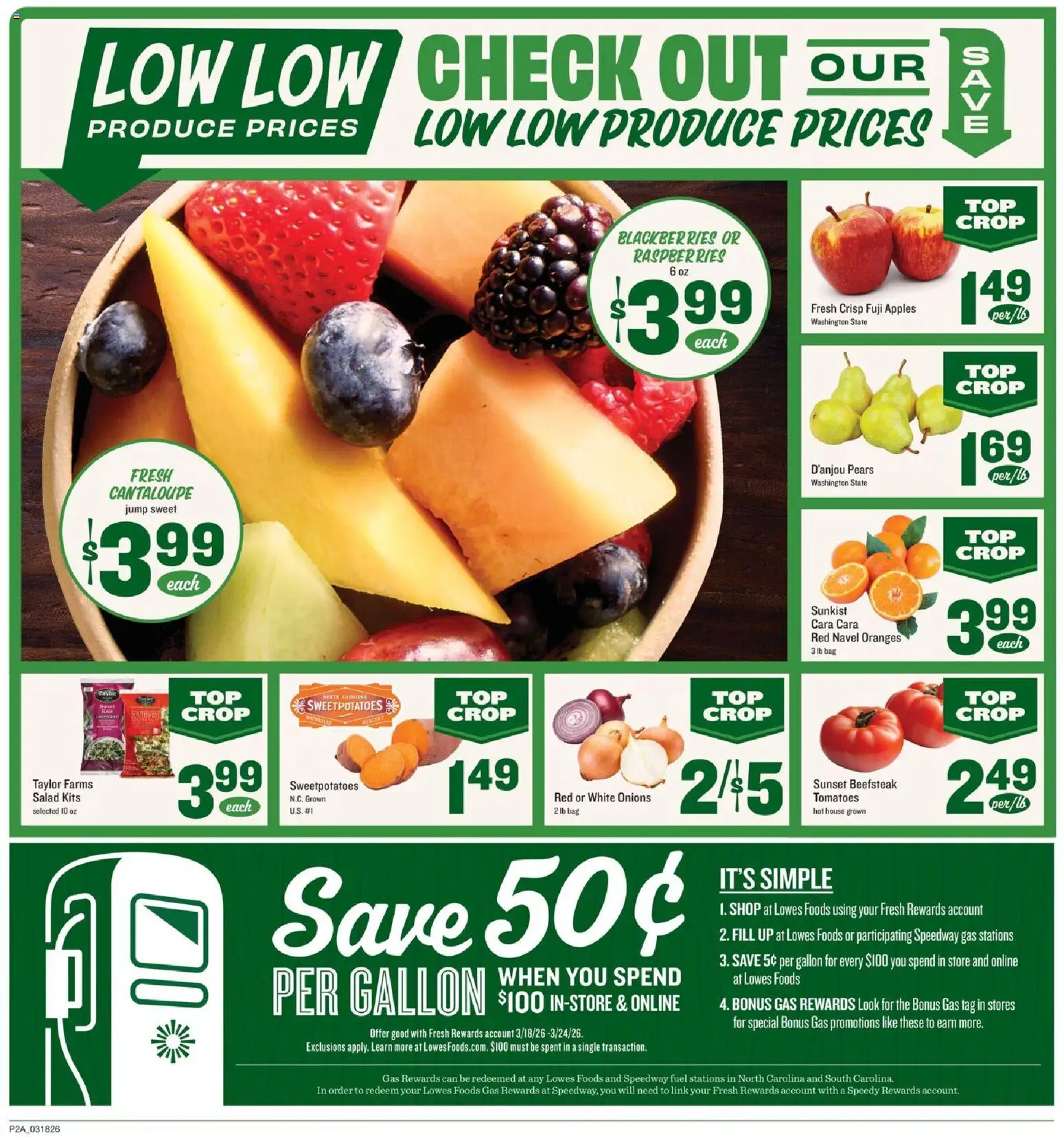 Lowes Foods Weekly Ad - valid from 18.03.2026 | Page: 2 | Products: Apples, Oranges, Tomatoes, Bag