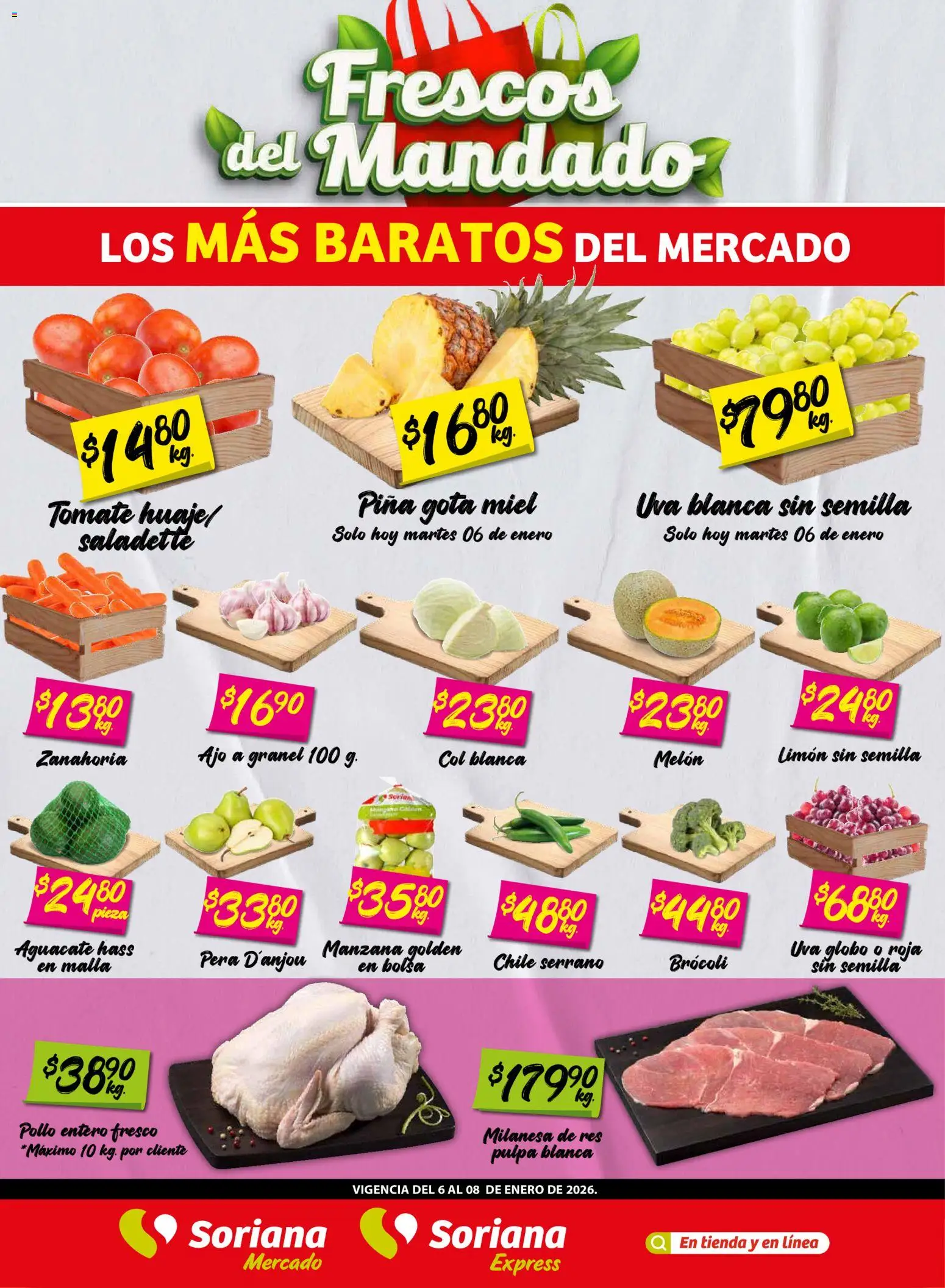 Nuevas ofertas de Soriana válidas en toda la República Mexicana desde el 06.01.2026. ¡Encuentra las mejores ofertas en Soriana - Frescos del Mandado Mercado: Ags, Nay, Jal, Qro, Col, Mich, Gto, Hgo, Tlax, Mor, Pue, Gro, Oax, Edo. de Mex, CDMX, Zac y S! | Página: 1 | Productos: Pera, Brocoli, Ajo, Malla
