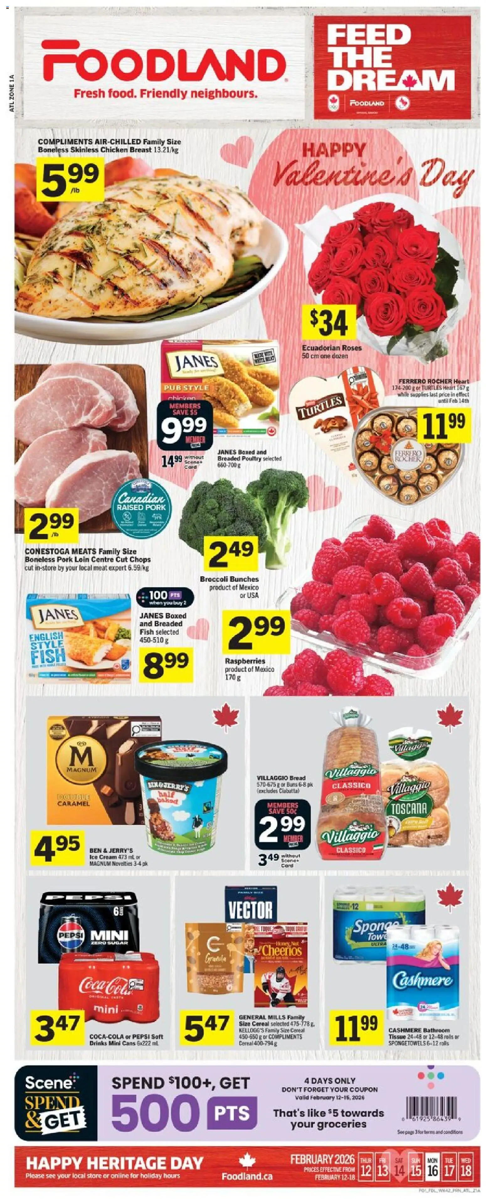 Foodland flyer valid from 12.02.2026 | Page: 1 | Products: Fish, Cream, Ice cream, Pork