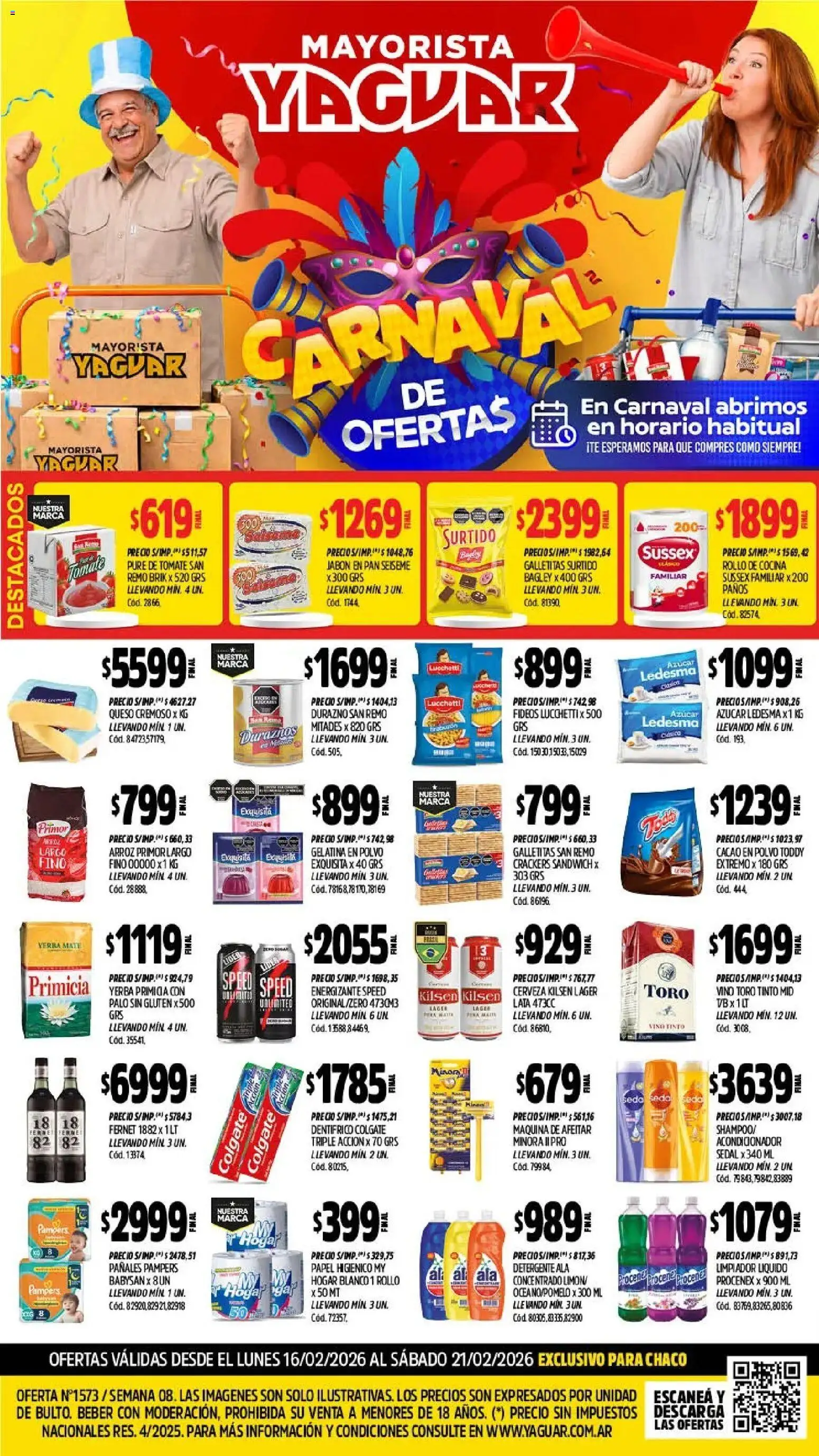 Yaguar - Oferta Semanal Chaco │ válido desde el 16.02.2026 | Página: 1 | Productos: Durazno, Gelatina, Pure de Tomate, Fideos