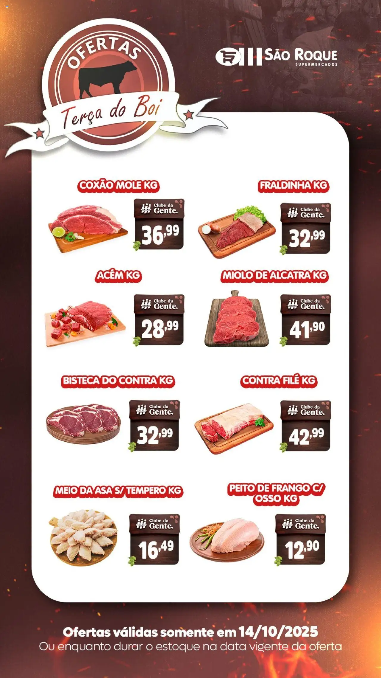 São Roque Supermercados Folheto - válido de 14.10.2025 | Página: 1 | Produtos: Alcatra, Contra filé, Fraldinha, Frango