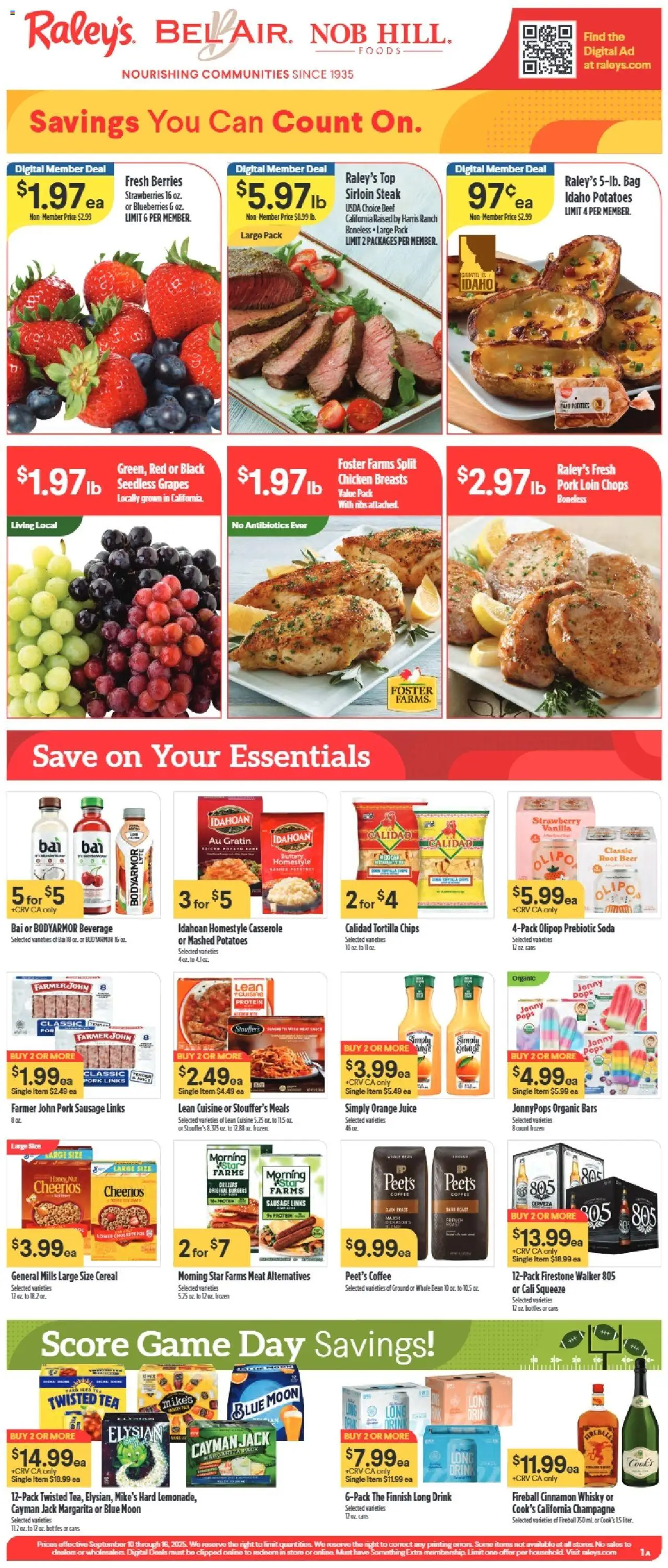 Raley's Weekly Ad - valid from 10.09.2025 | Page: 1 | Products: Chips, Grapes, Blueberries, Bag