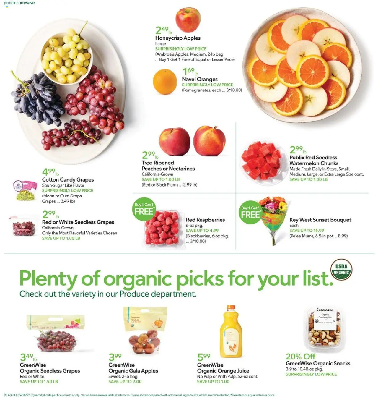 Publix Weekly Ad - valid from 17.09.2025 | Page: 6 | Products: Peaches, Oranges, Watermelon, Grapes
