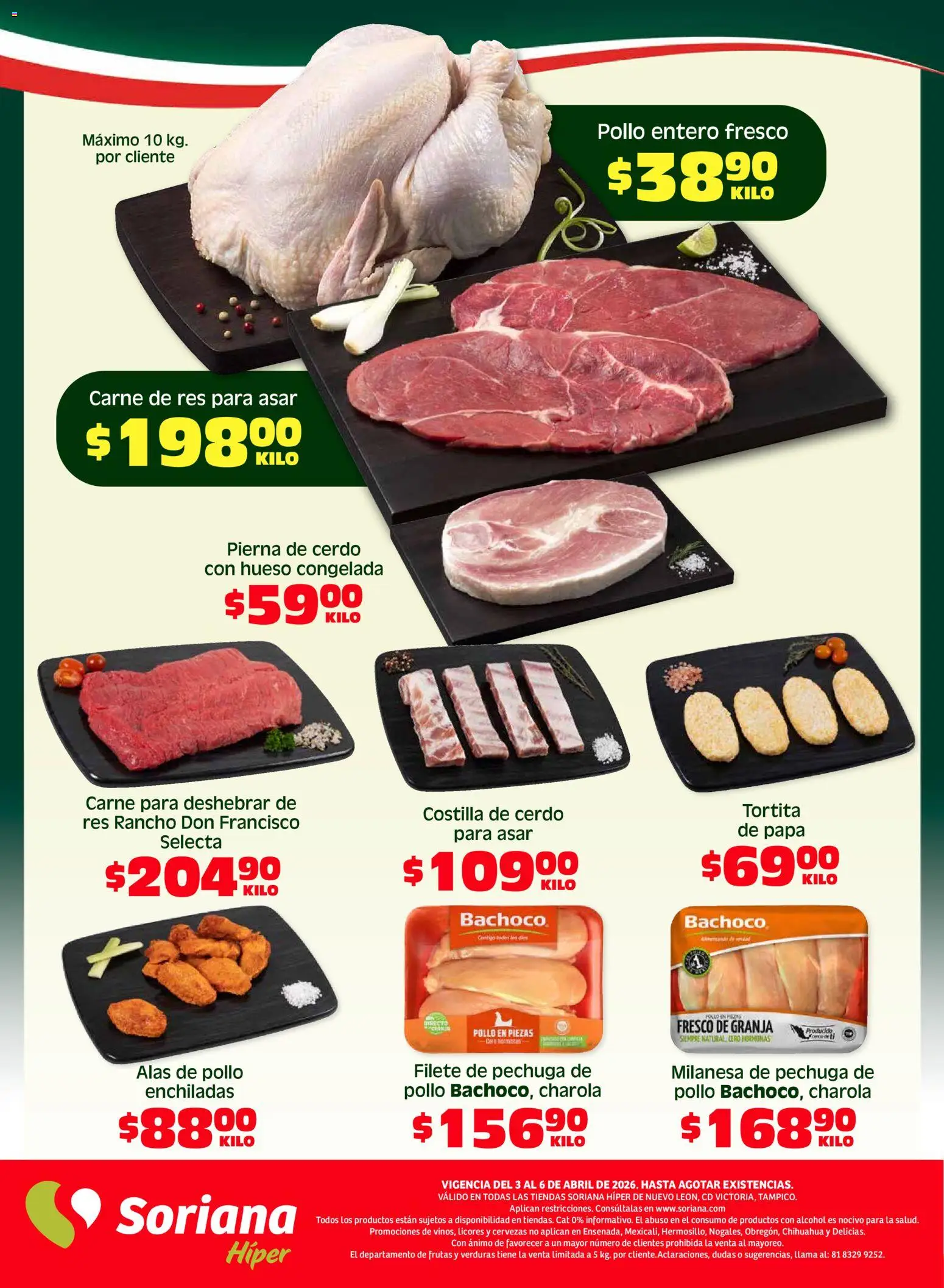Nuevas ofertas de Soriana válidas en toda la República Mexicana desde el 03.04.2026. ¡Encuentra las mejores ofertas en Soriana Fin de Semana Híper: Nuevo León, Ciudad Victoria y Tampico! | Página: 6 | Productos: Pollo, Milanesa, Papa, Cerdo