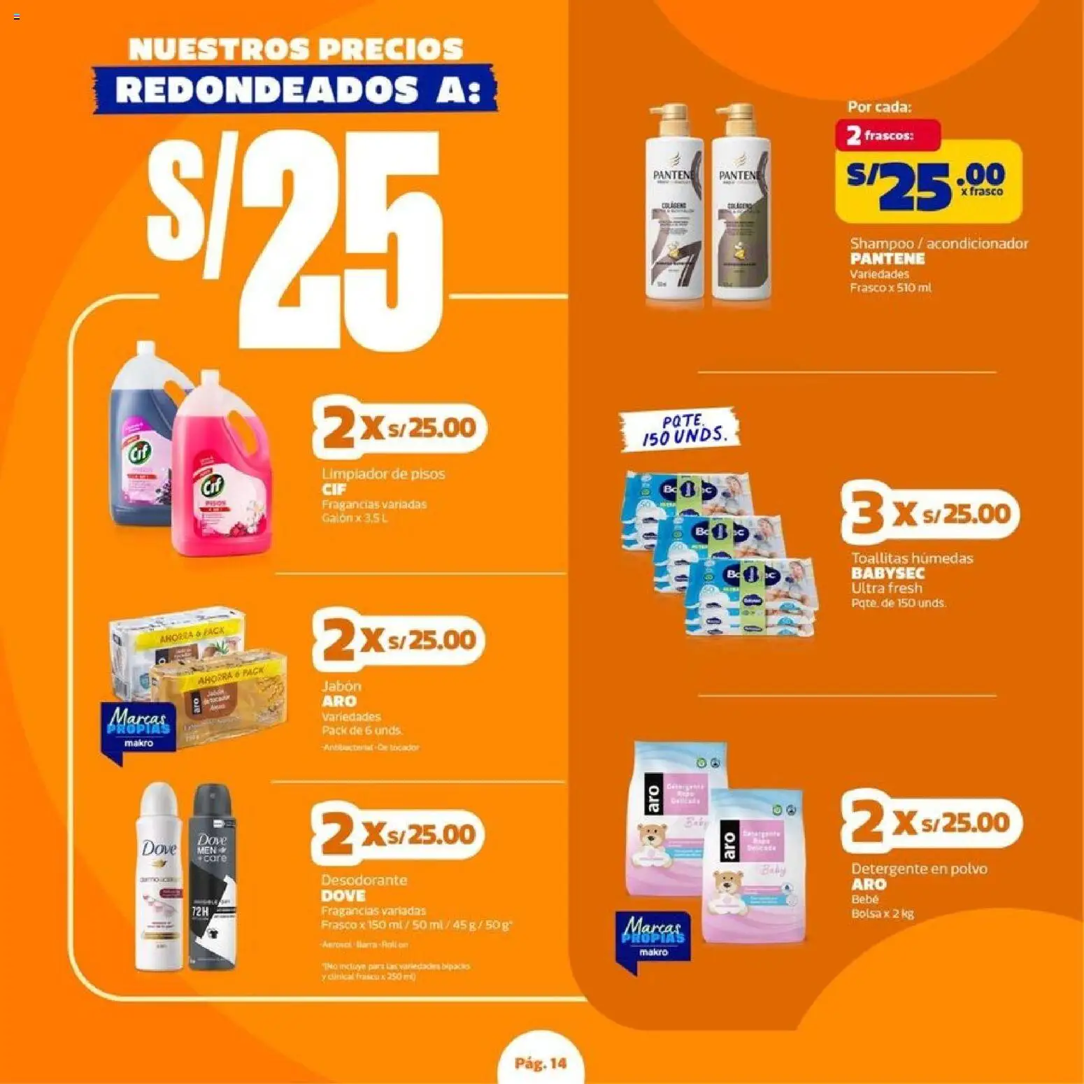 Catálogo Makro válido desde 23.04.2026 | Página: 14 | Productos: Shampoo, Desodorante, Bolsa, Polvo
