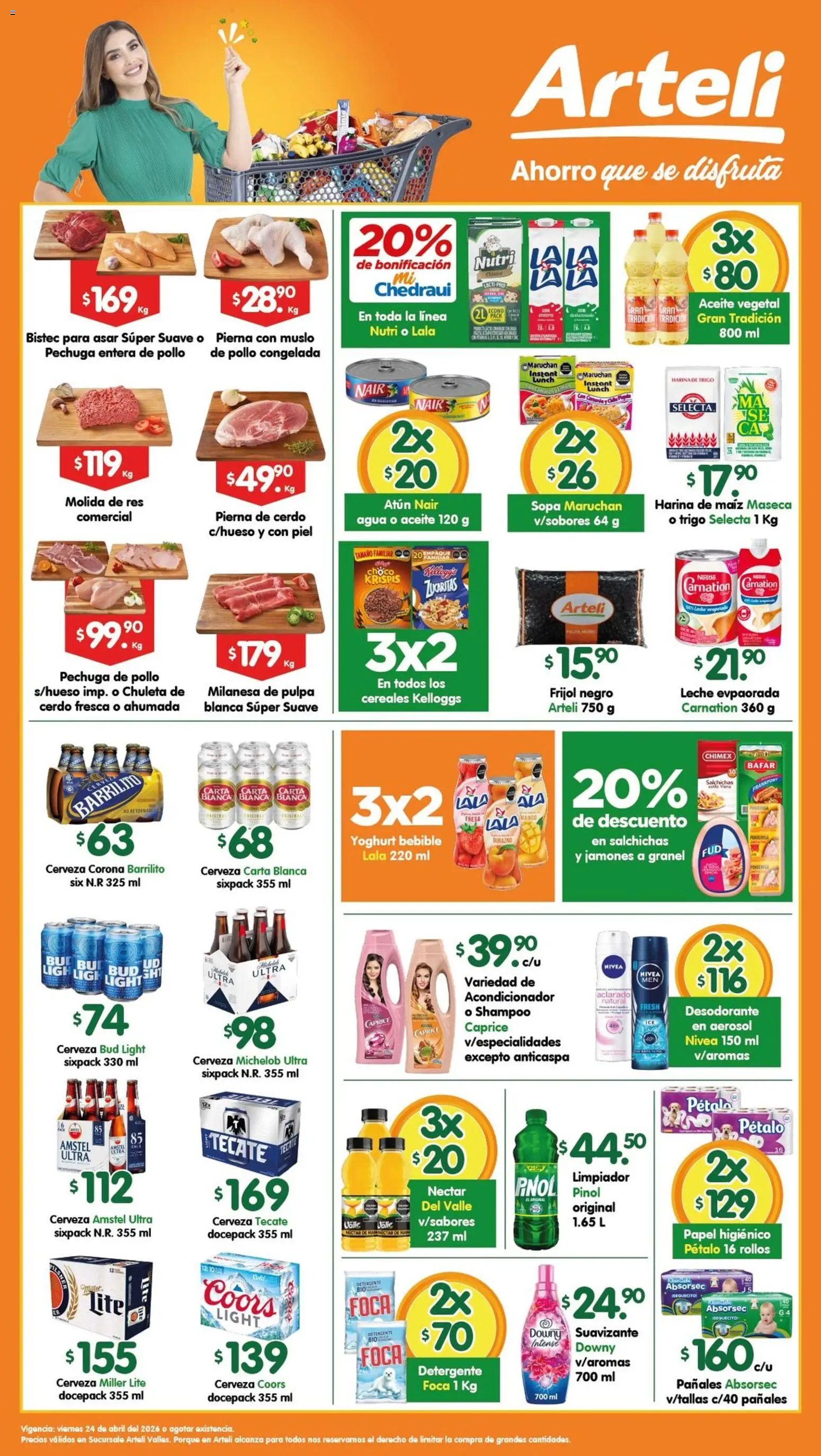 Nuevas ofertas de Arteli válidas en toda la República Mexicana desde el 24.04.2026. ¡Encuentra las mejores ofertas en Arteli folleto Valles! | Página: 1 | Productos: Pollo, Leche, Cerveza, Papel higiénico