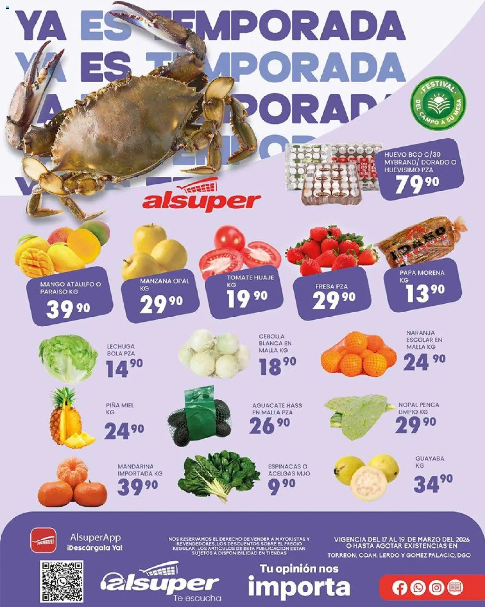 Nuevas ofertas de Alsuper válidas en toda la República Mexicana desde el 17.03.2026. ¡Encuentra las mejores ofertas en Alsuper folleto Torreon! | Página: 1 | Productos: Manzana, Aguacate, Piña, Mesa