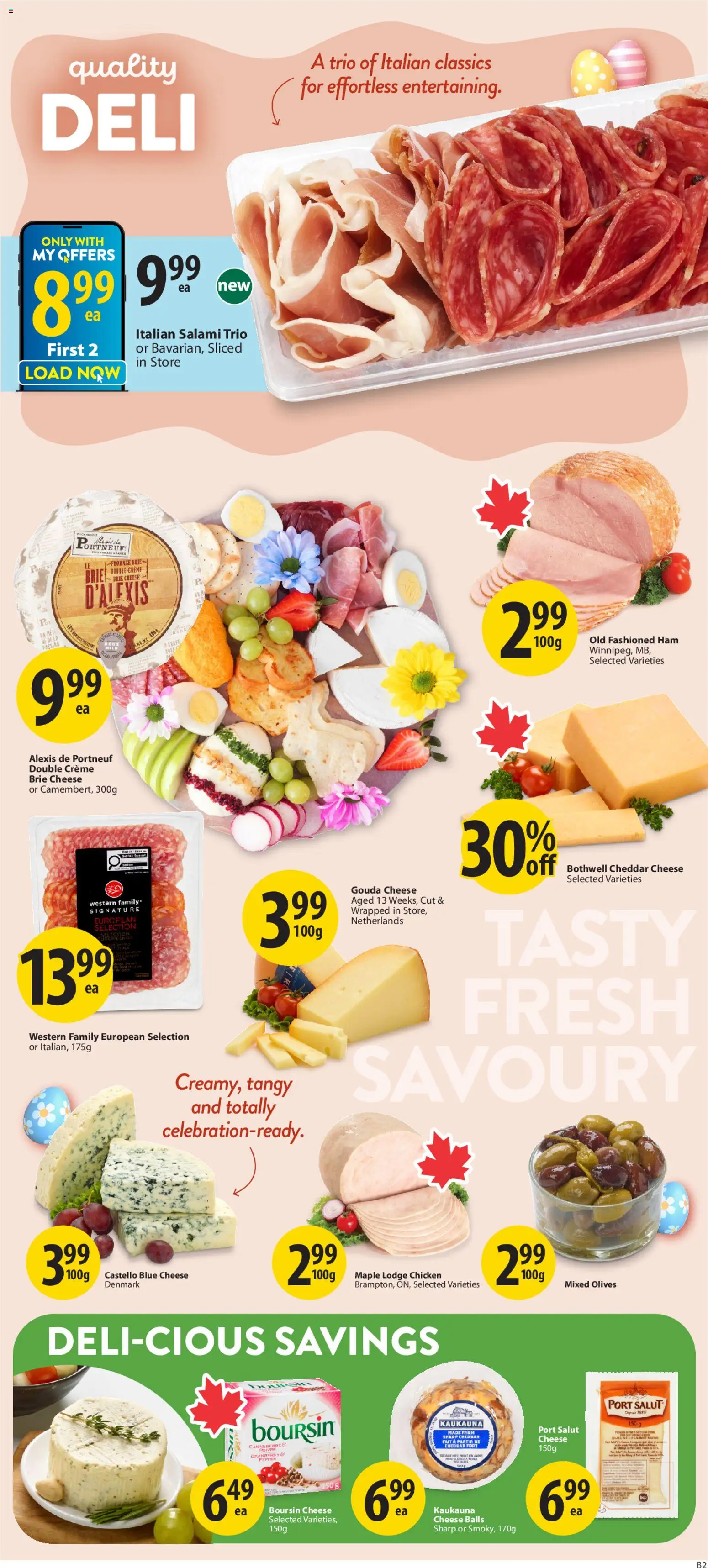 Save on foods flyer valid from 02.04.2026 | Page: 12 | Products: Cheese, Salami, Ham, Chicken