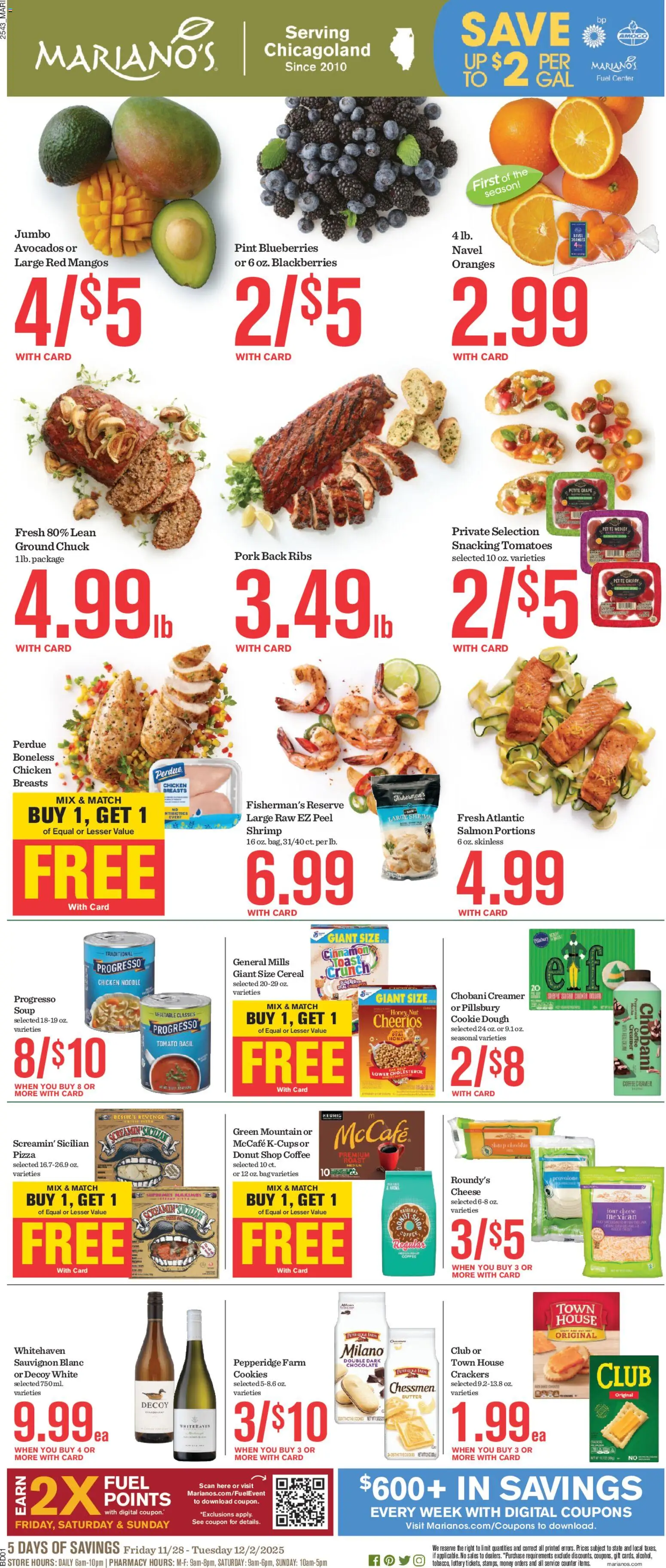 Mariano's Weekly Ad - valid from 28.11.2025 | Page: 1 | Products: Cheese, Pizza, Cookies, Bag