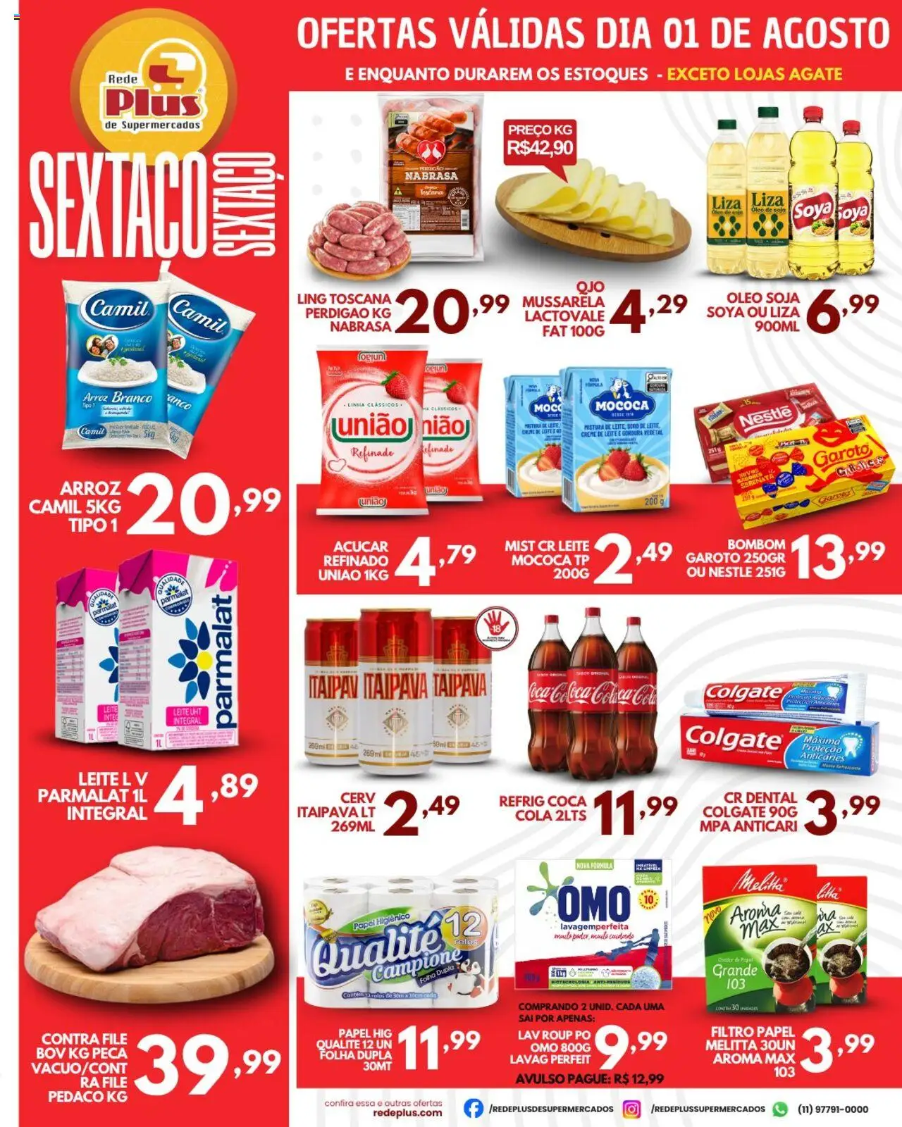 Rede Plus Supermercados Folheto - válido de 01.08.2025 | Página: 1 | Produtos: Contra filé, Arroz, Açúcar, Soja