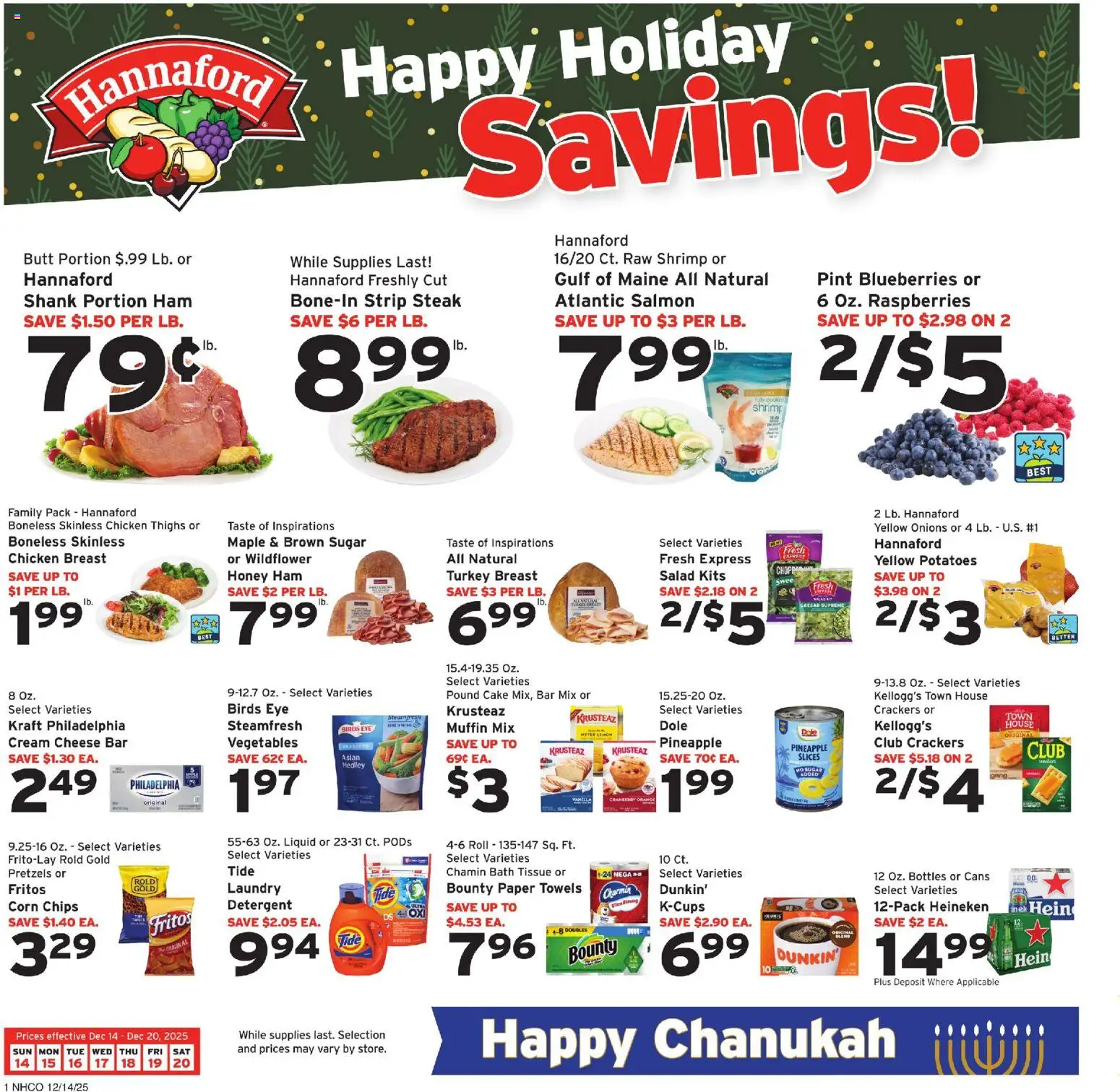 Hannaford Weekly Ad - valid from 14.12.2025 | Page: 1 | Products: Ham, Detergent, Potatoes, Blueberries