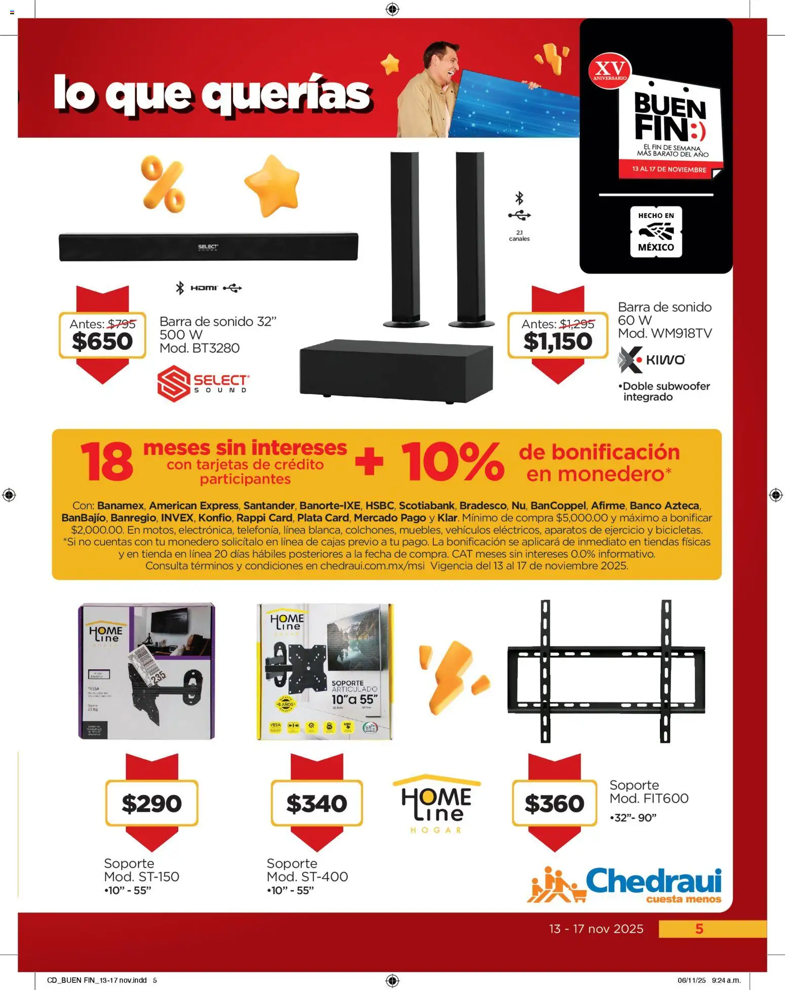 Nuevas ofertas de Chedraui válidas en toda la República Mexicana desde el 13.11.2025. ¡Encuentra las mejores ofertas en Chedraui Buen Fin! | Página: 5 | Productos: Monedero, Barra, Banco