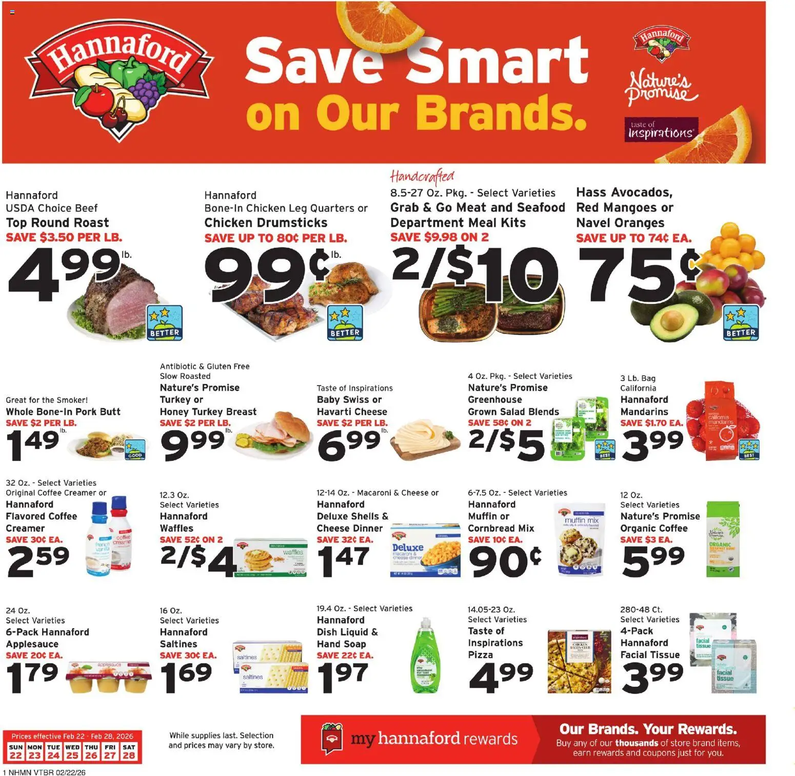 Hannaford Weekly Ad - valid from 22.02.2026 | Page: 1 | Products: Soap, Pork, Salad, Seafood